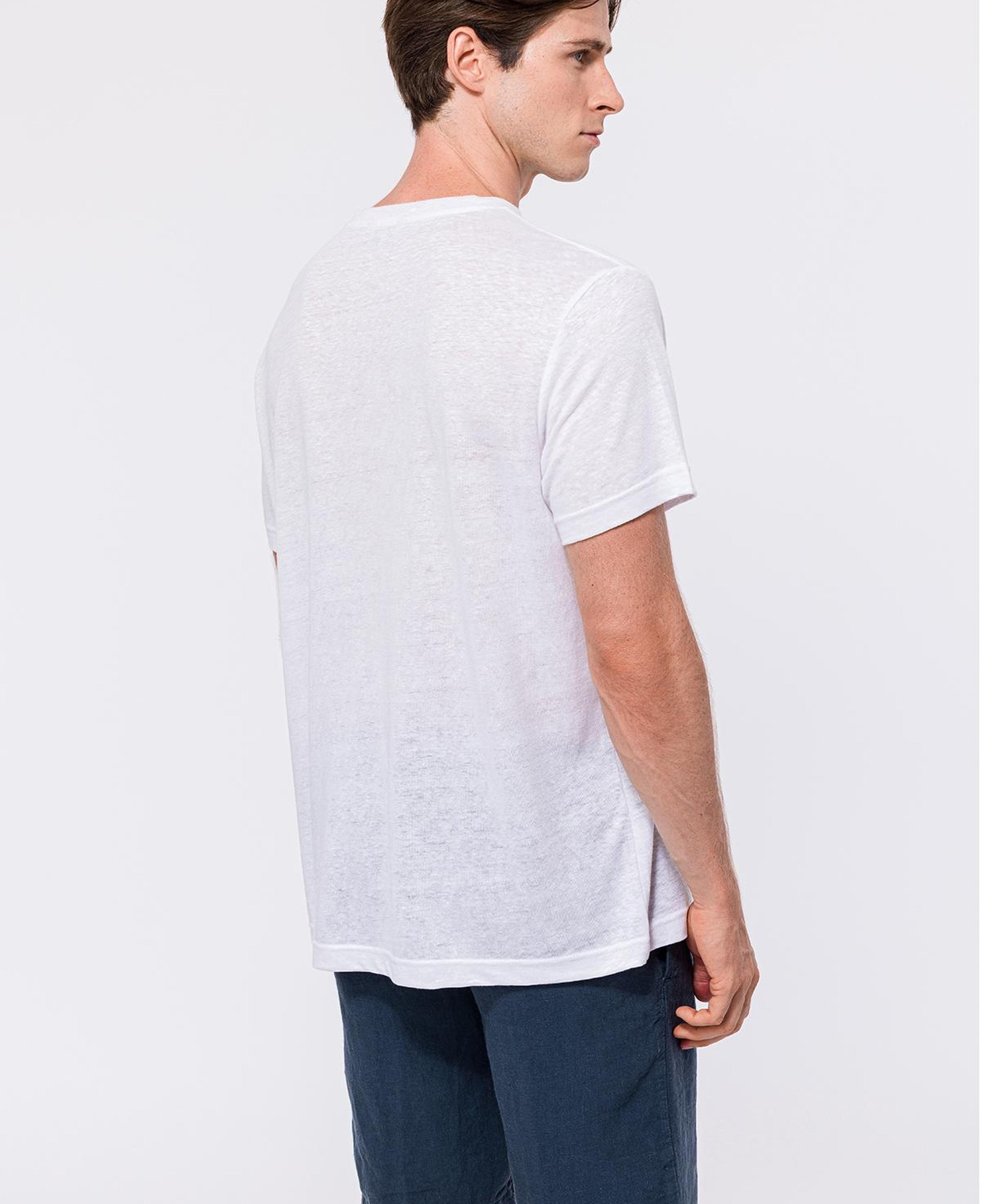 Erkek Beyaz Bisiklet Yaka Keten T-Shirt