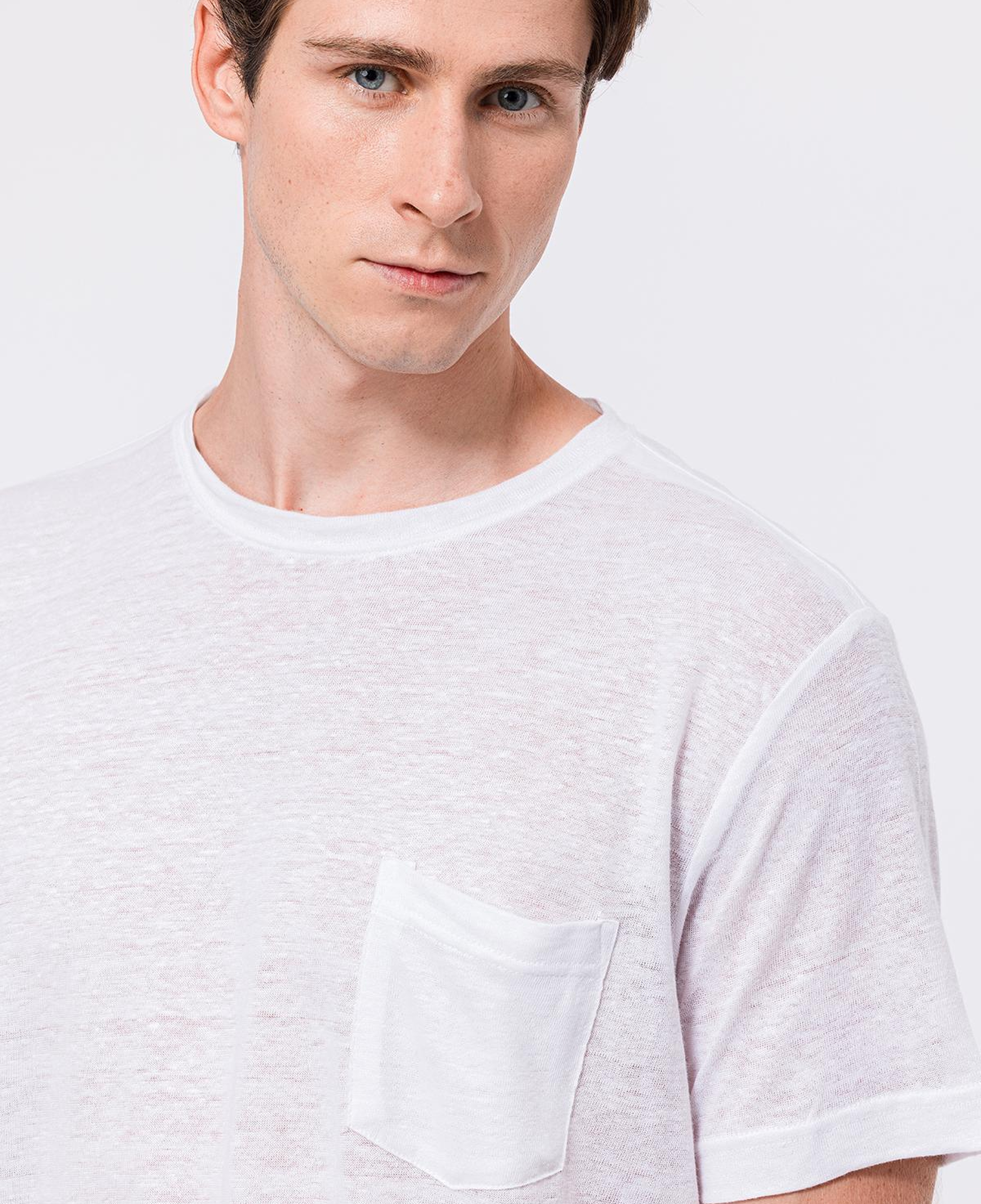 Erkek Beyaz Bisiklet Yaka Keten T-Shirt