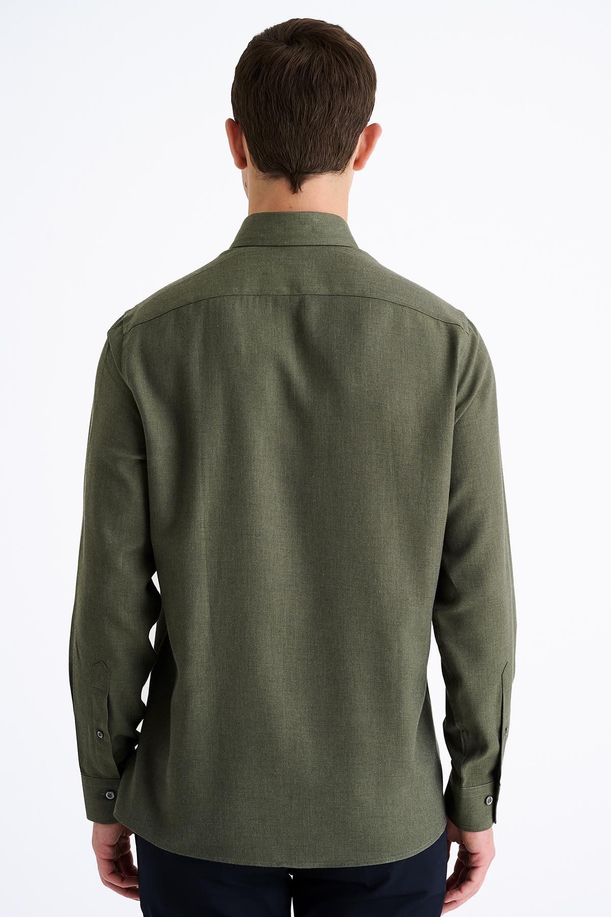 Erkek Haki Cooper Fit Düğmeli Yaka Kaşmir Karışımlı Flannel Spor Gömlek