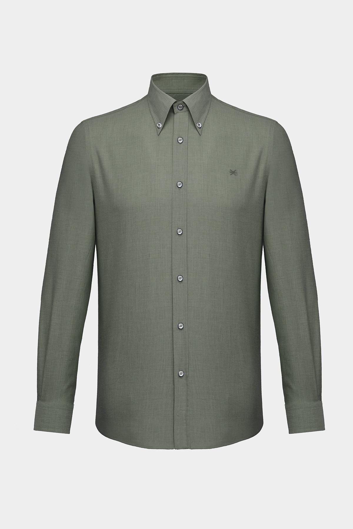 Erkek Haki Cooper Fit Düğmeli Yaka Kaşmir Karışımlı Flannel Spor Gömlek
