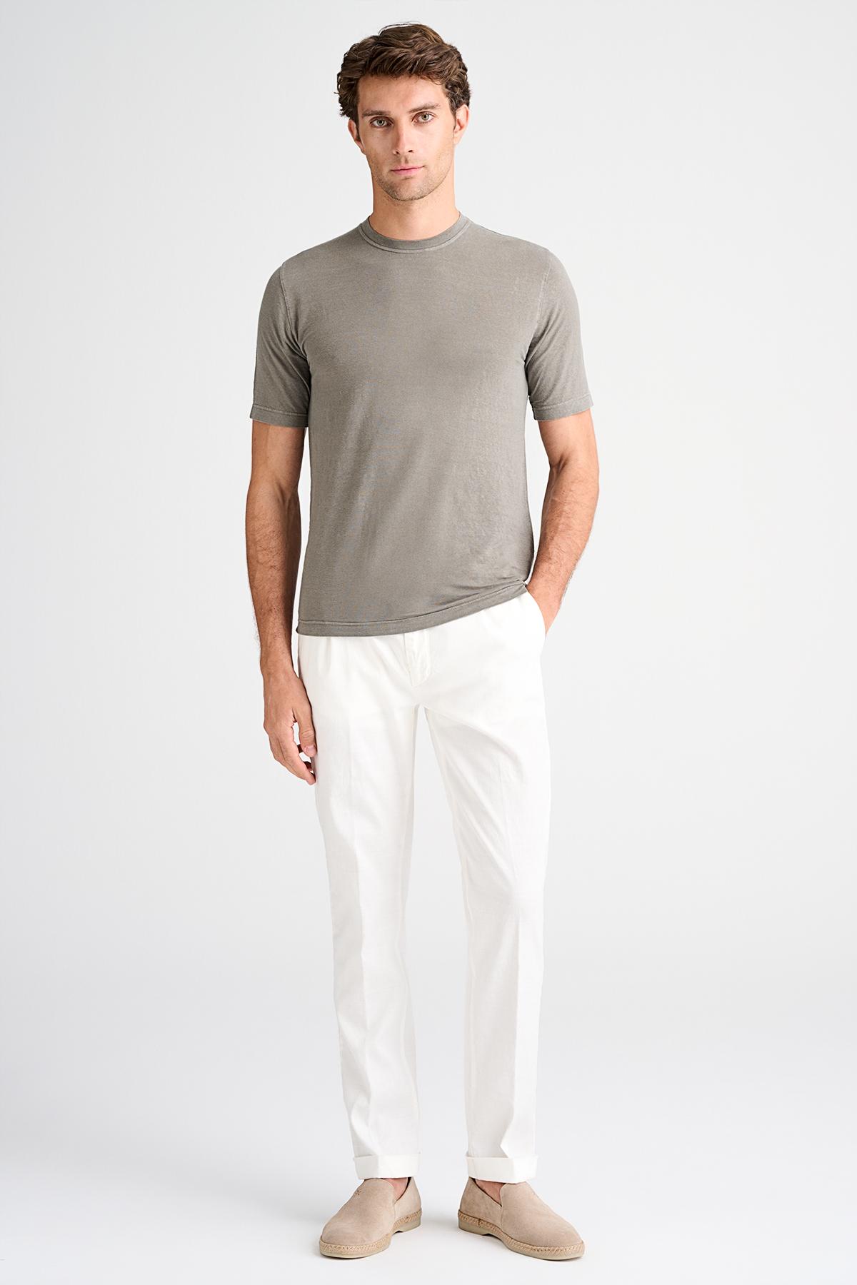 Erkek Bej Bisiklet Yaka Keten T-Shirt