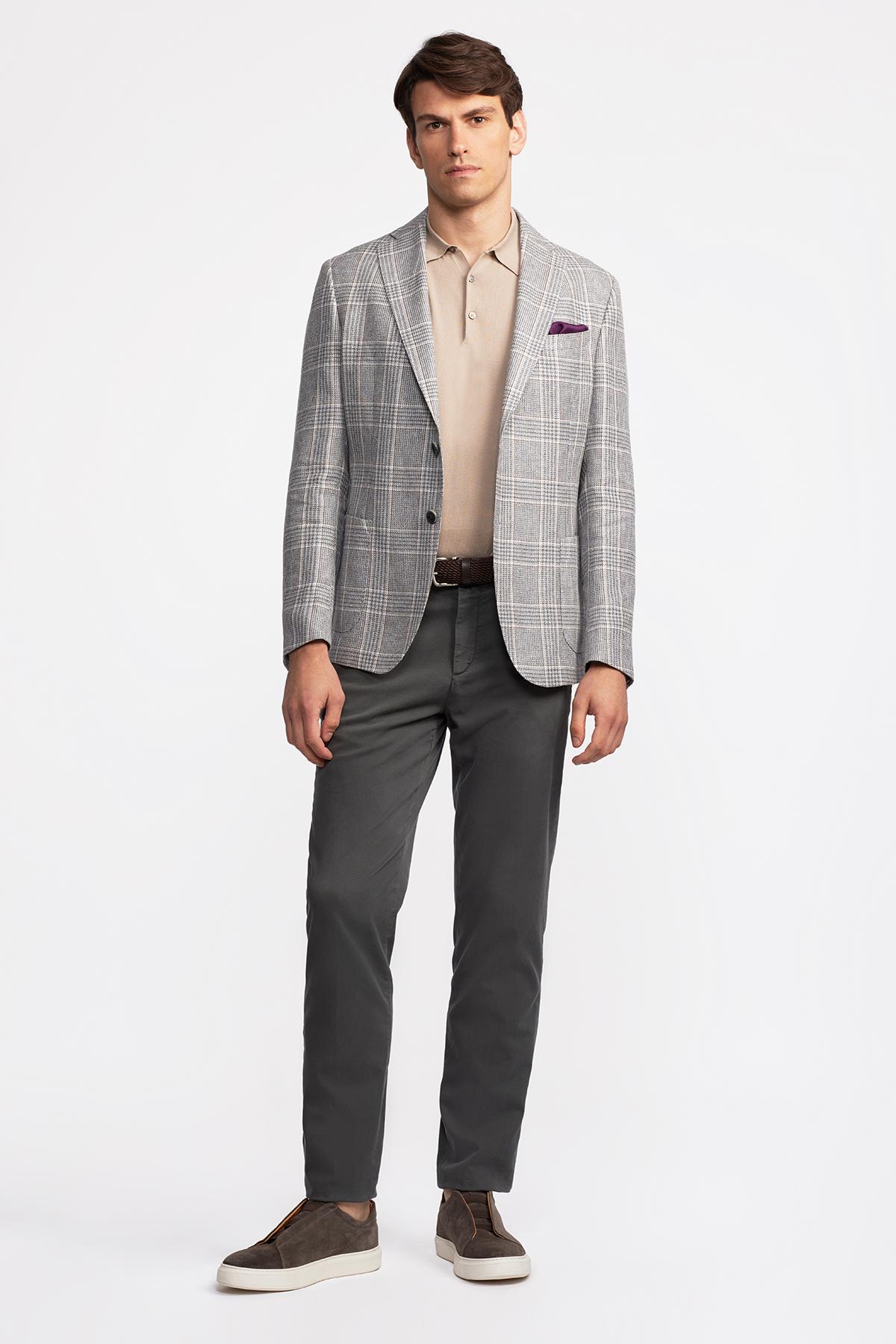 Erkek Gri Vitale Barberis Keten İpek Karışımlı Casual Ceket