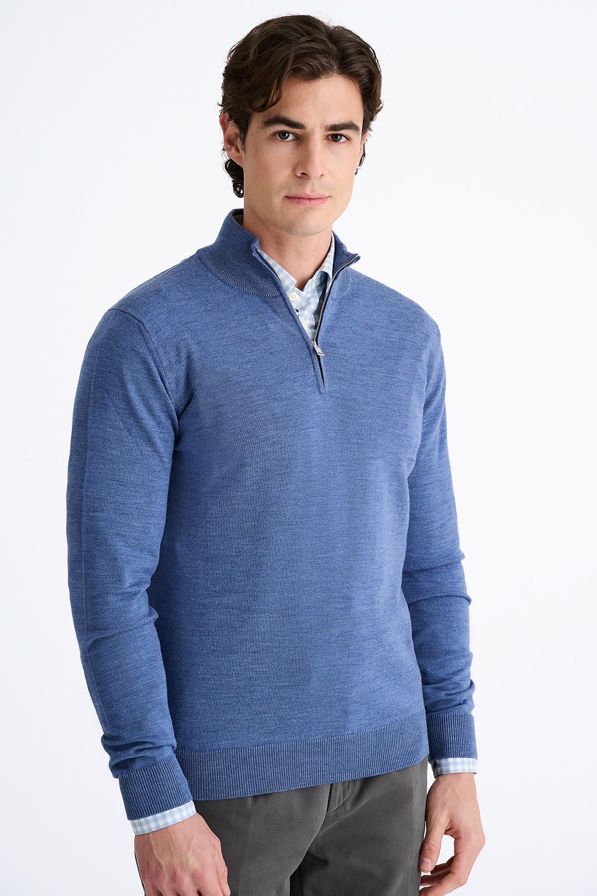 Erkek Koyu Mavi Extrafine Yün Yarım Fermuarlı Kazak