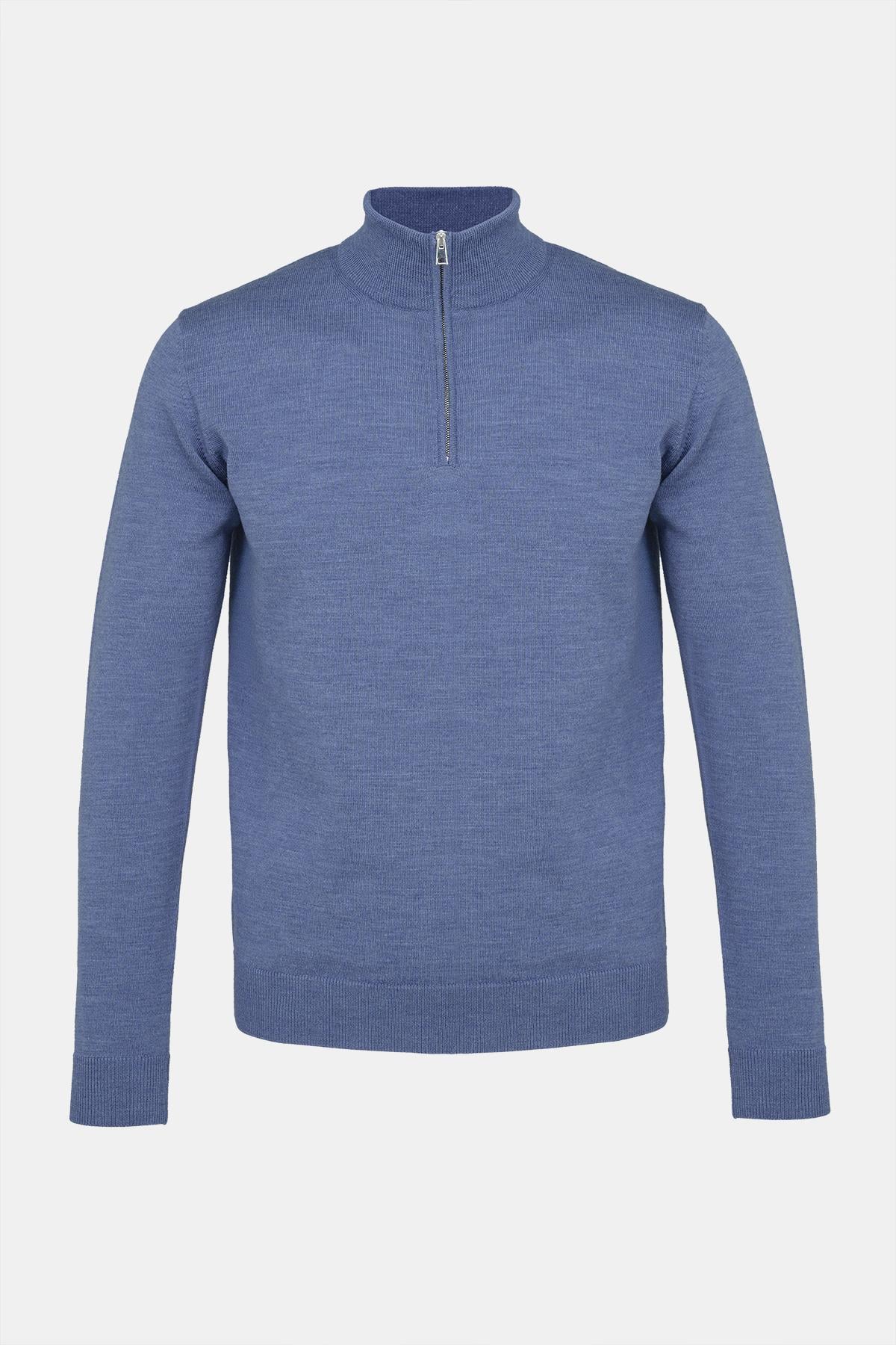 Erkek Koyu Mavi Extrafine Yün Yarım Fermuarlı Kazak