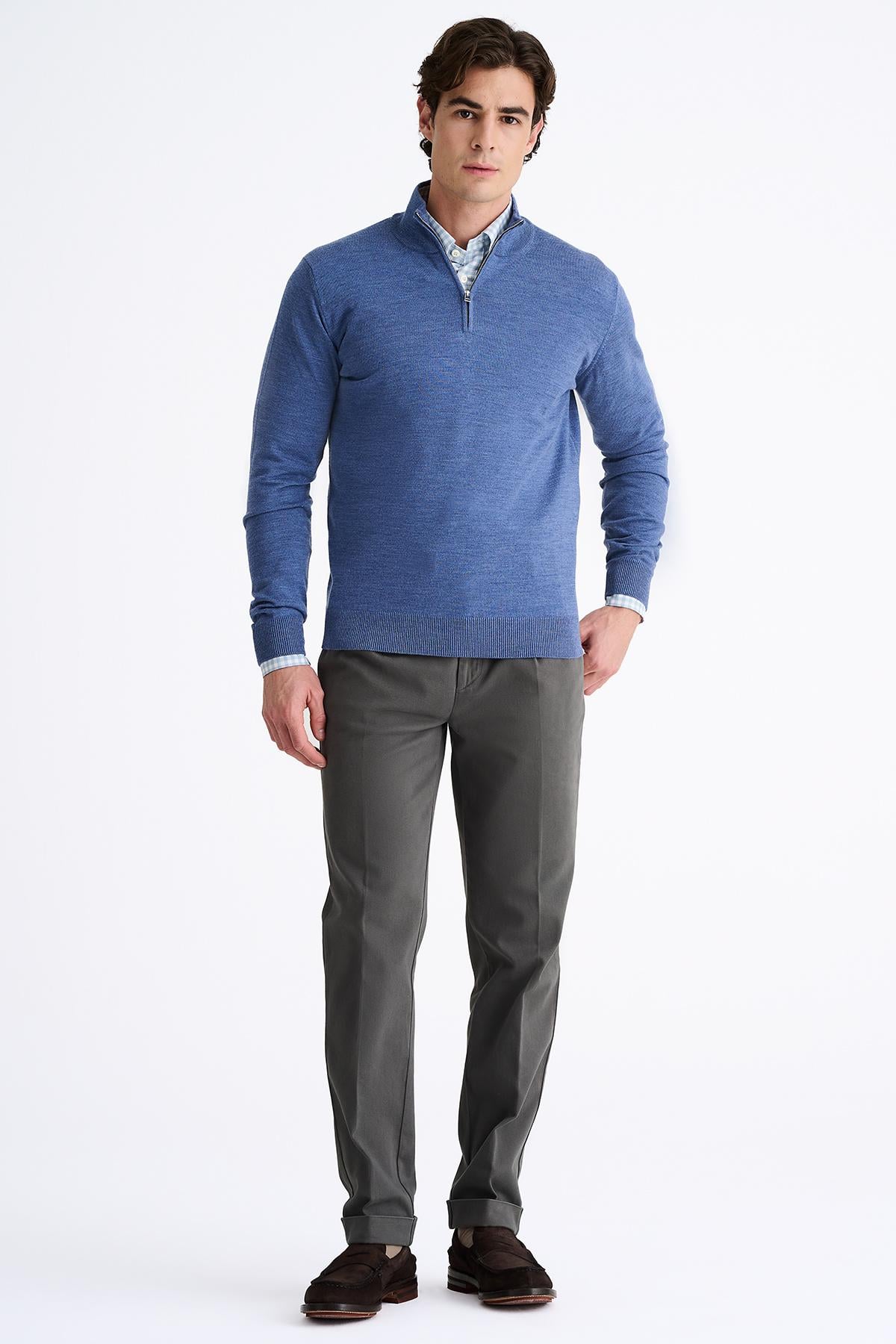 Erkek Koyu Mavi Extrafine Yün Yarım Fermuarlı Kazak