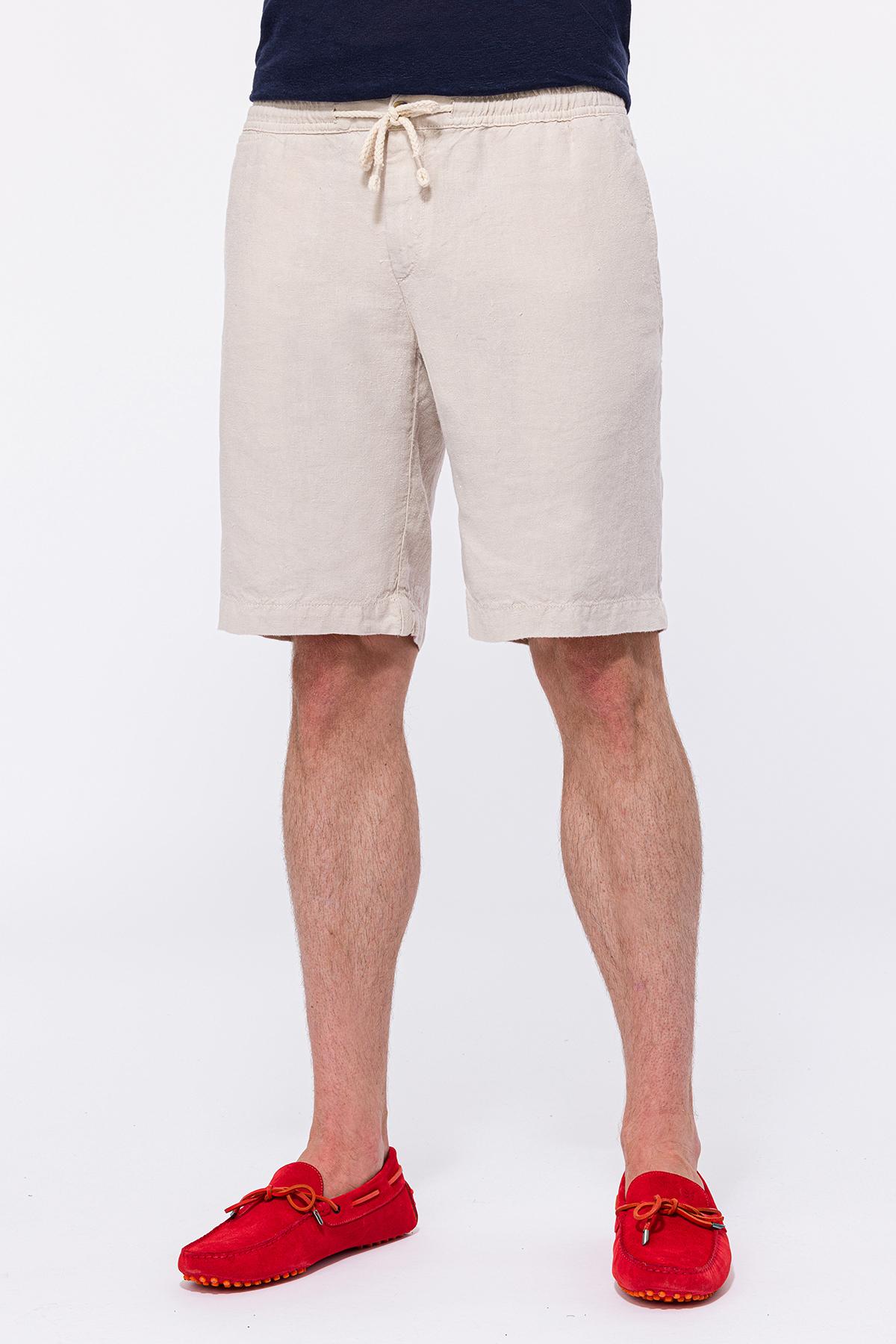 Erkek Bej Beli Lastikli Bağcıklı Keten Şort