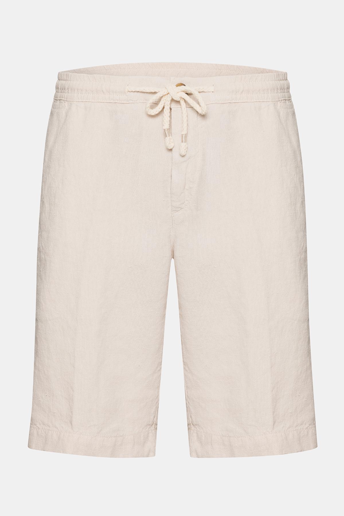 Erkek Bej Beli Lastikli Bağcıklı Keten Şort