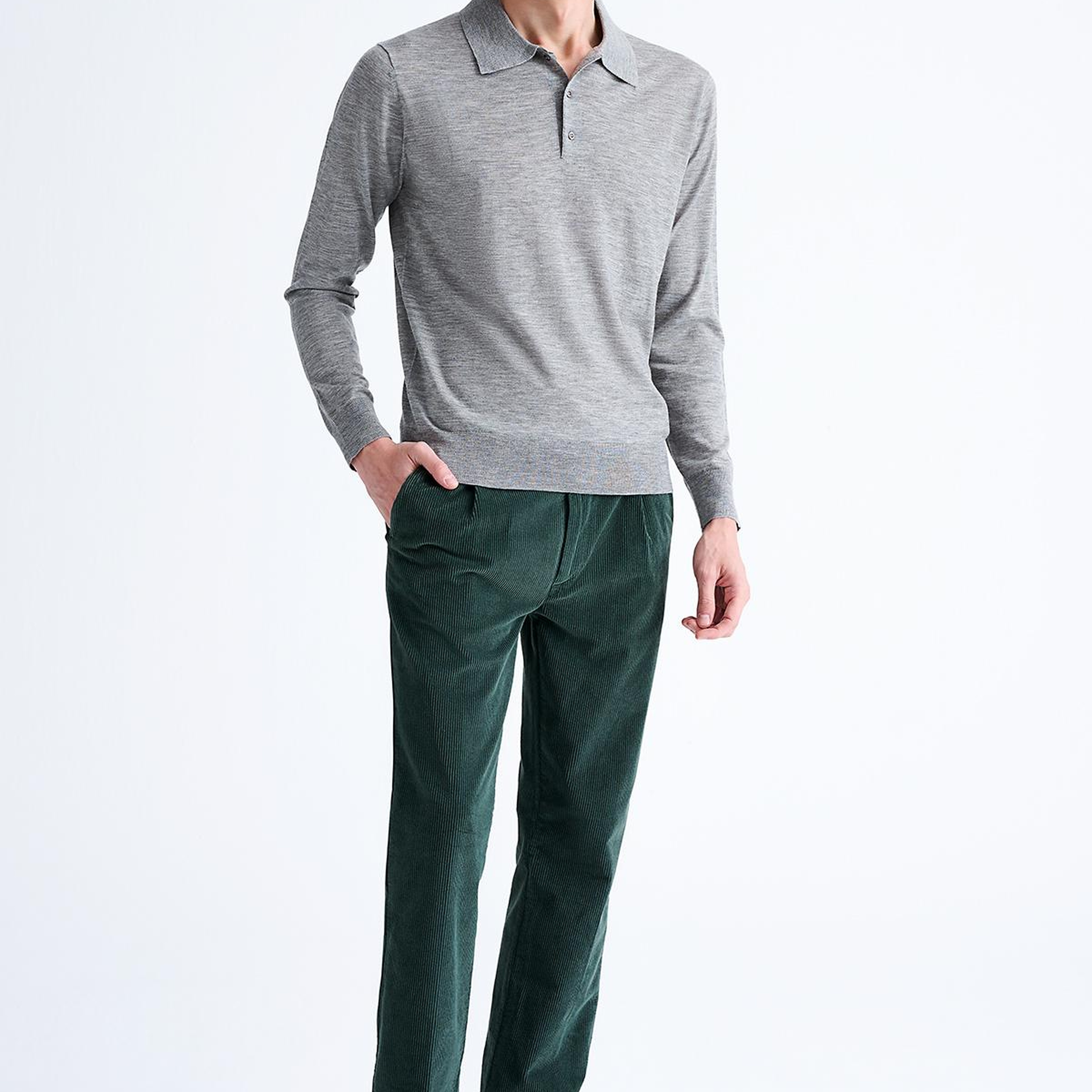 Erkek Gri Polo Yaka Yün Kazak