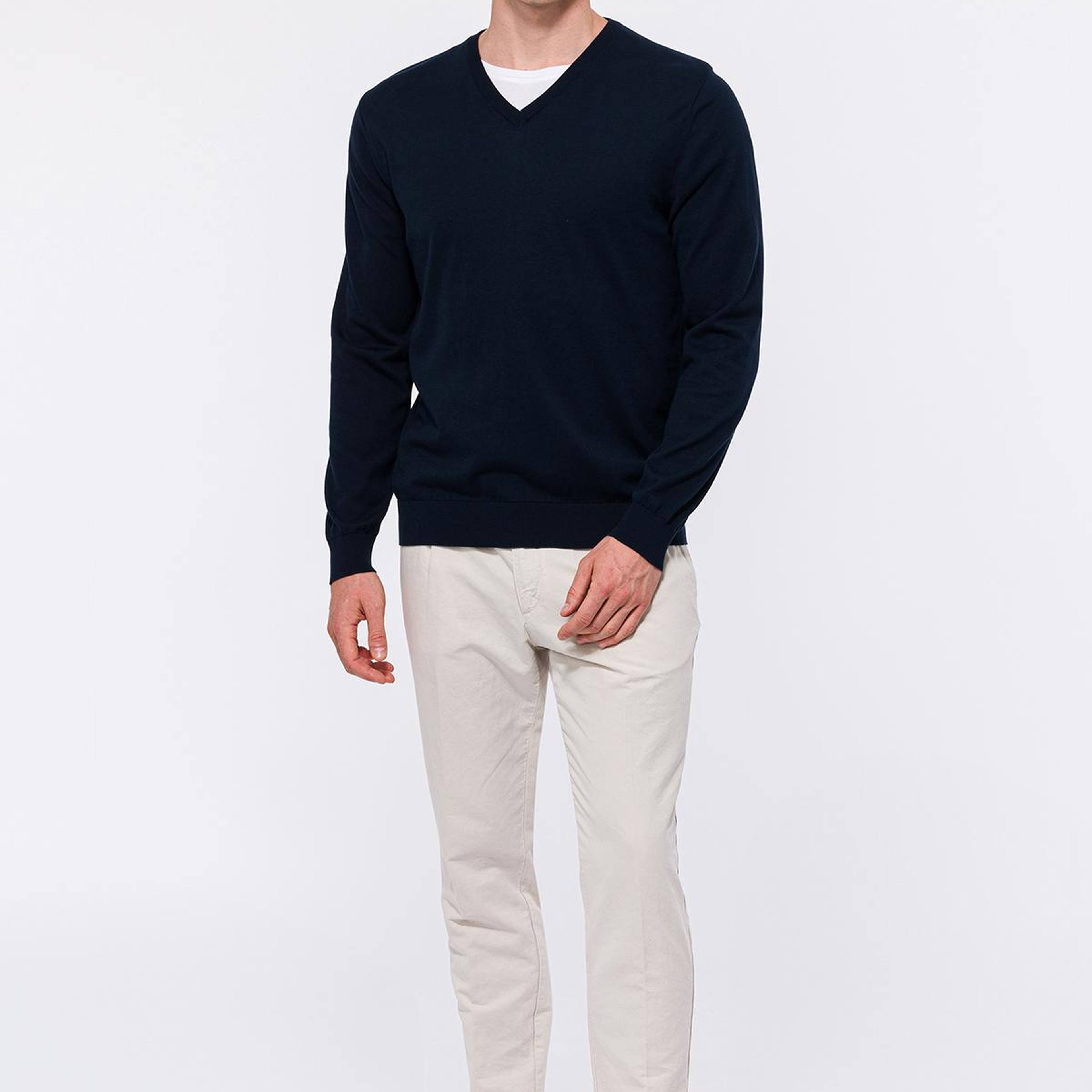 Erkek Lacivert Organik Pamuklu V Yaka Kazak