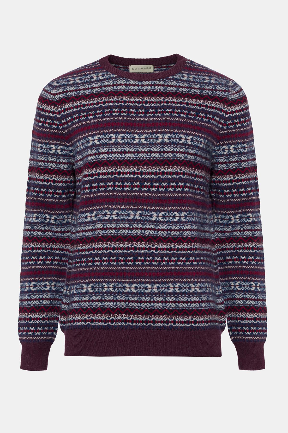 Erkek Bordo Bisiklet Yaka Desenli Lambswool Kazak