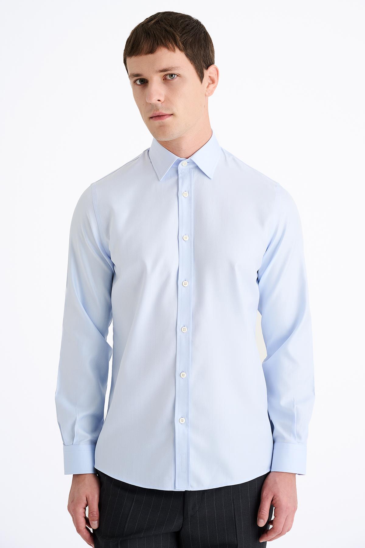 Erkek Mavi Cooper Fit Kravat Yaka Balıksırtı Klasik Gömlek