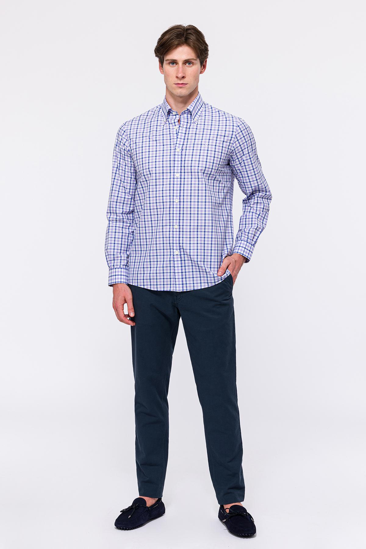 Erkek Mor Cooper Fit Düğmeli Yaka Ekoseli Spor Gömlek