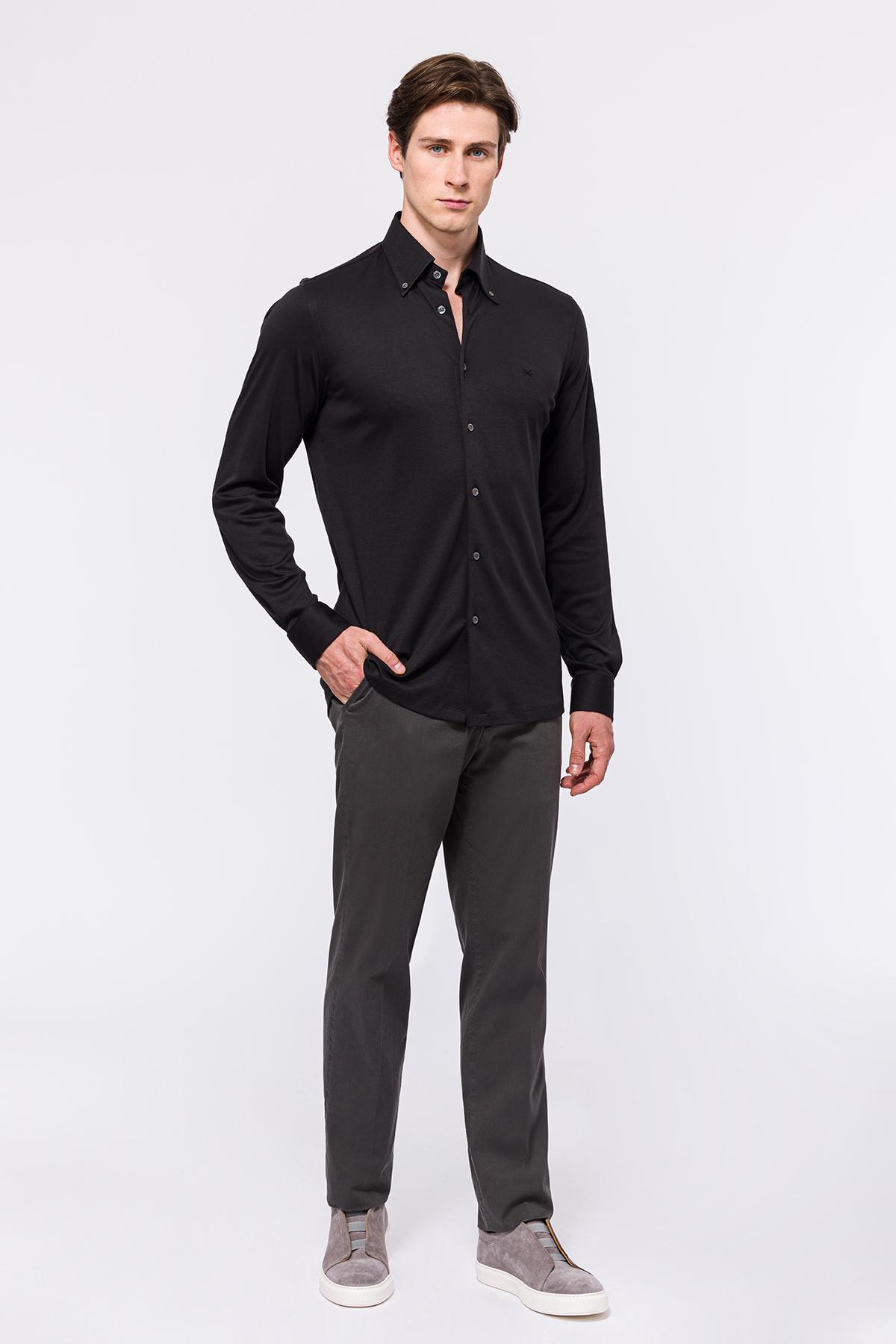 Erkek Siyah Cooper Fit Düğmeli Yaka İnterlock Gömlek