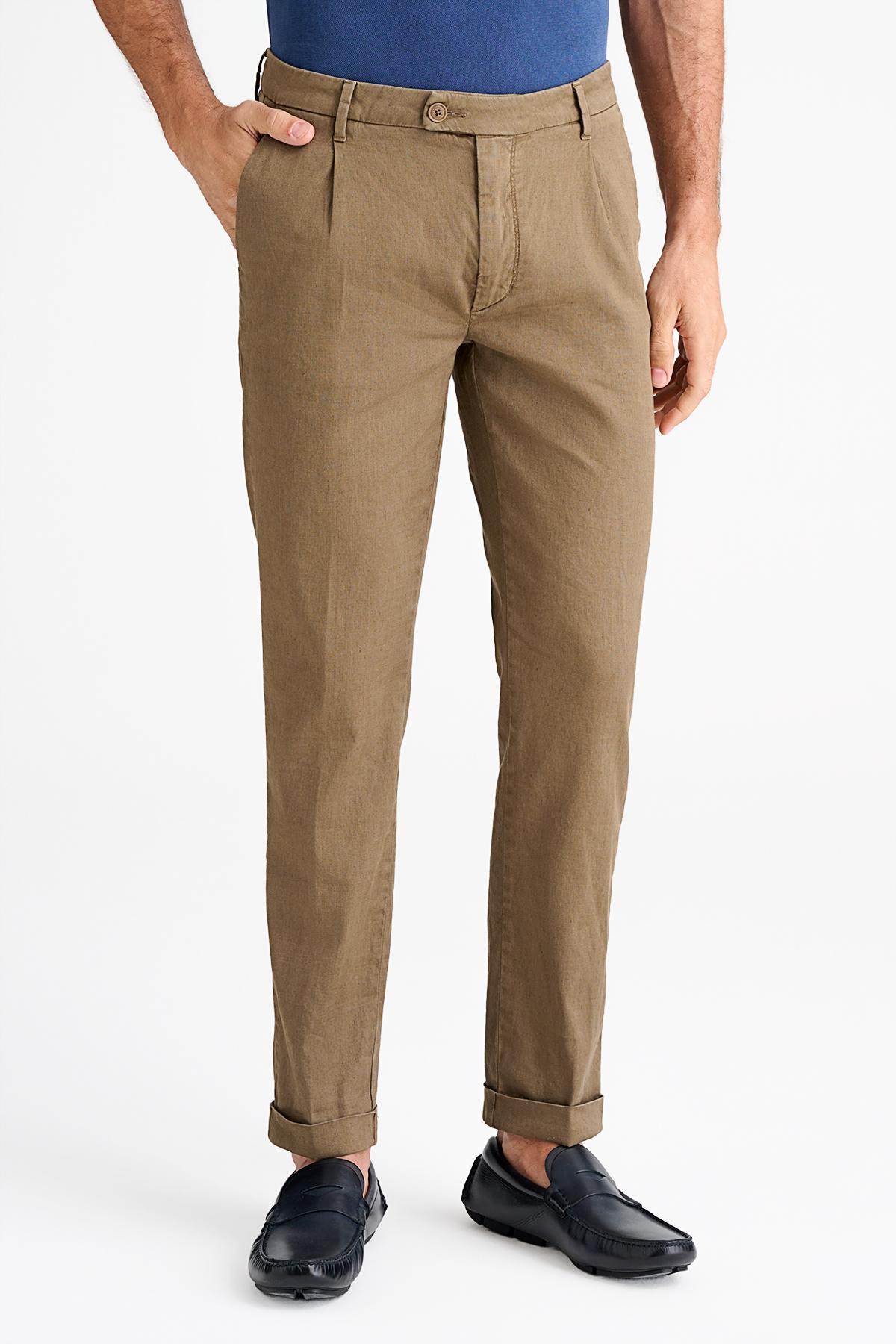 Erkek Bej Keten Chino Pantolon