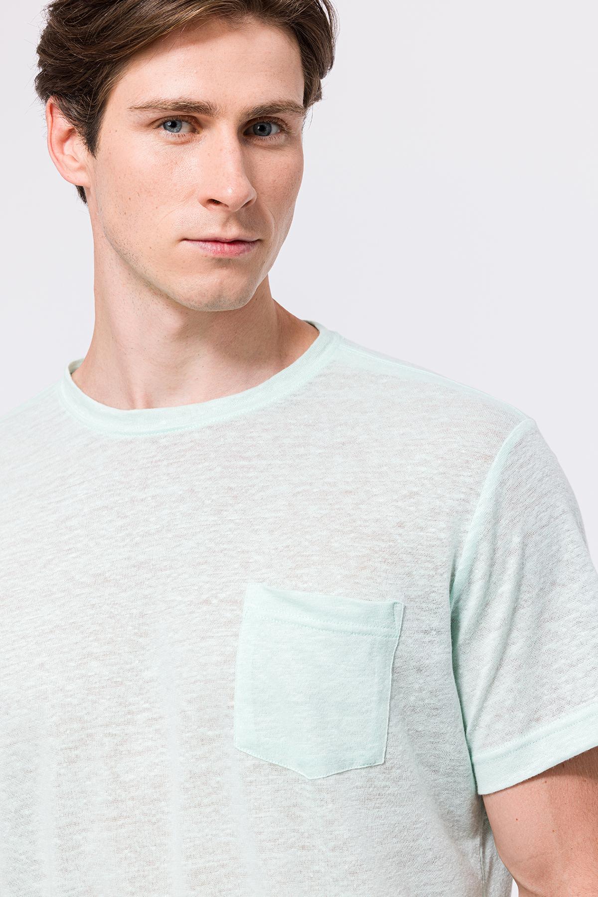 Erkek Açık Mavi Bisiklet Yaka Keten T-Shirt