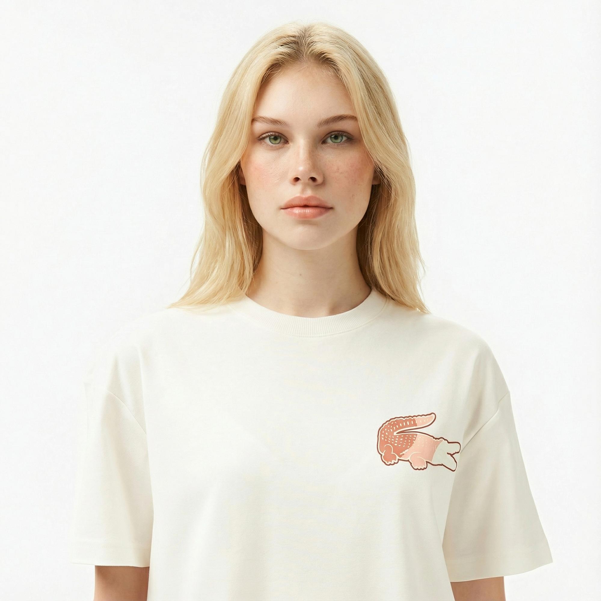 Lacoste Kadın Bisiklet Yaka Baskılı Beyaz T-Shirt