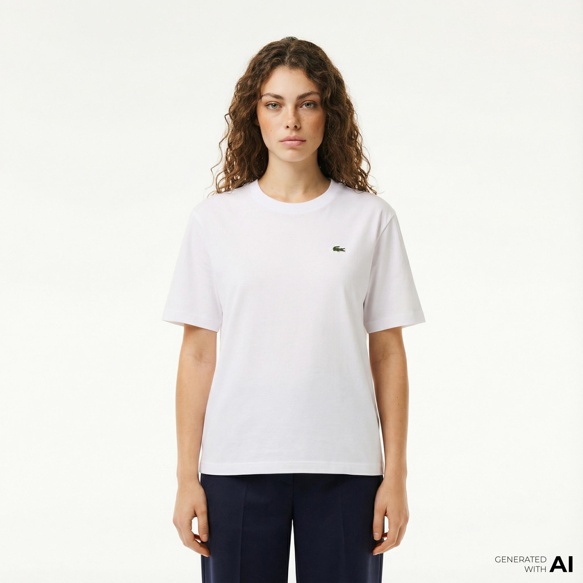 Lacoste Kadın Relaxed Fit Bisiklet Yaka Beyaz T-Shirt