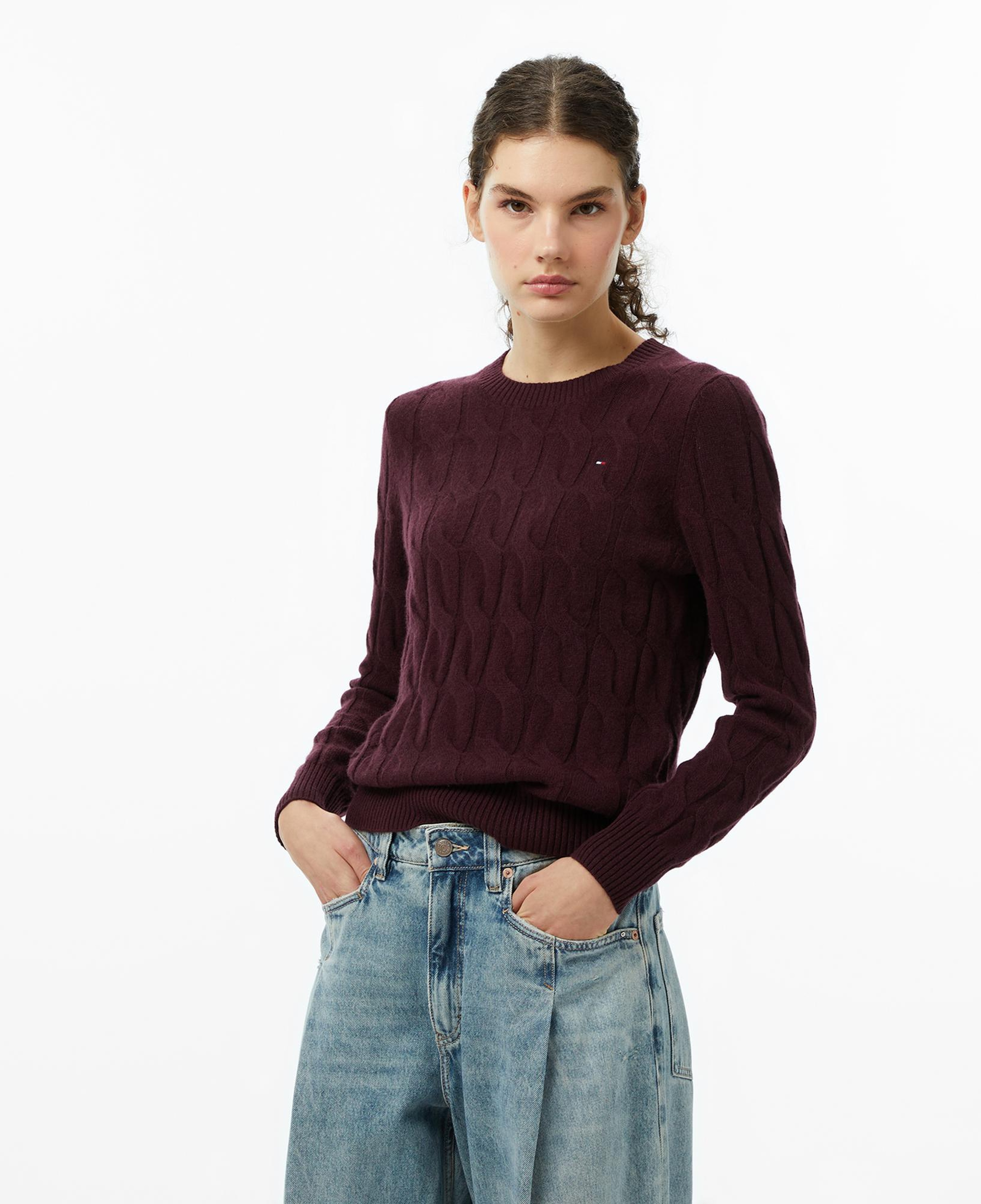 Tommy Hilfiger Soft Wool Cable Kadın Bordo Kazak