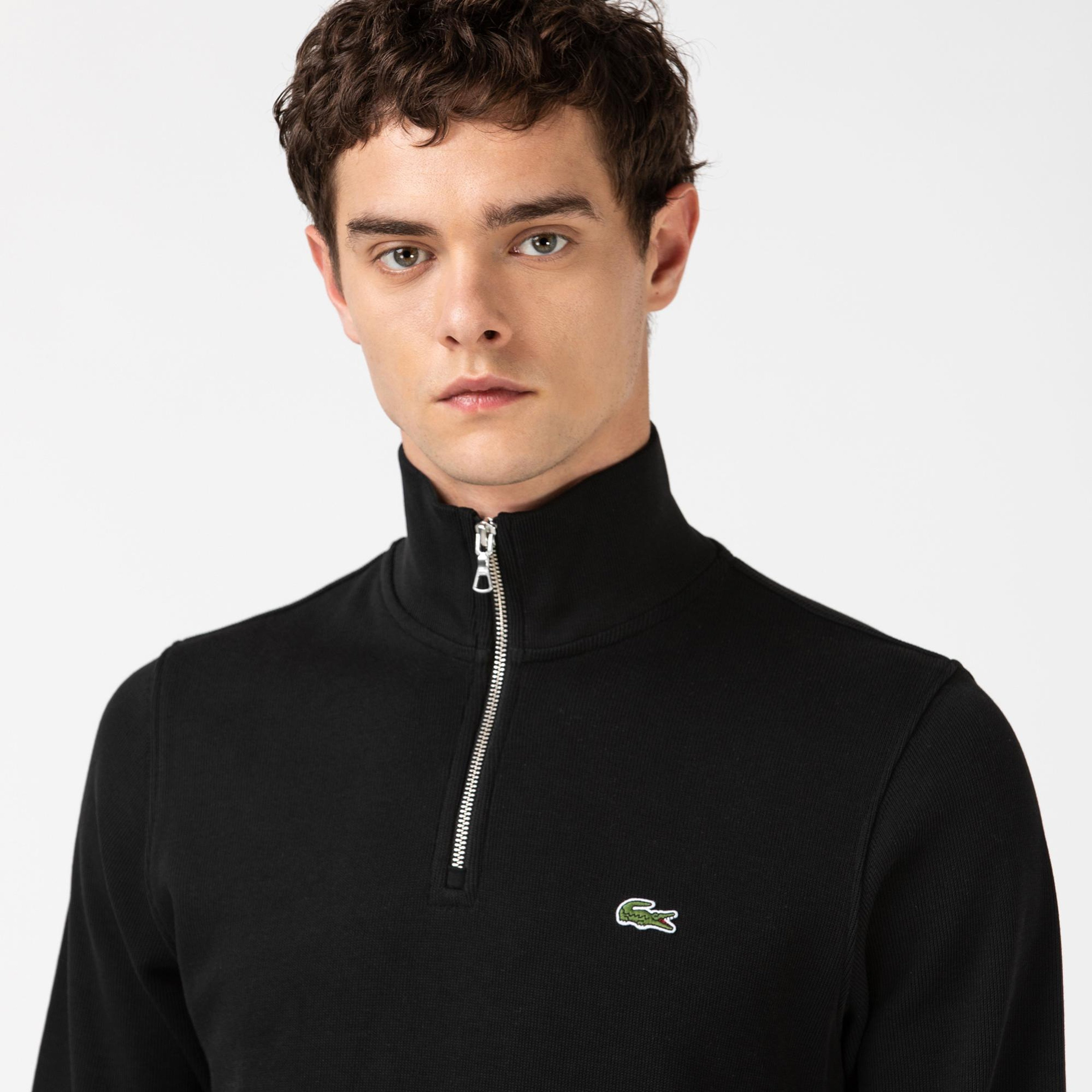 Erkek Classic Fit Yarım Fermuarlı Siyah Sweatshirt
