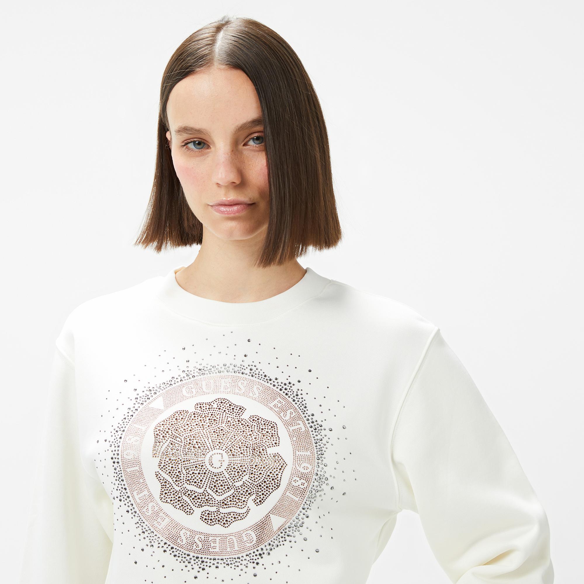 Guess Peony Logo Organic Kadın Beyaz Sweatshirt