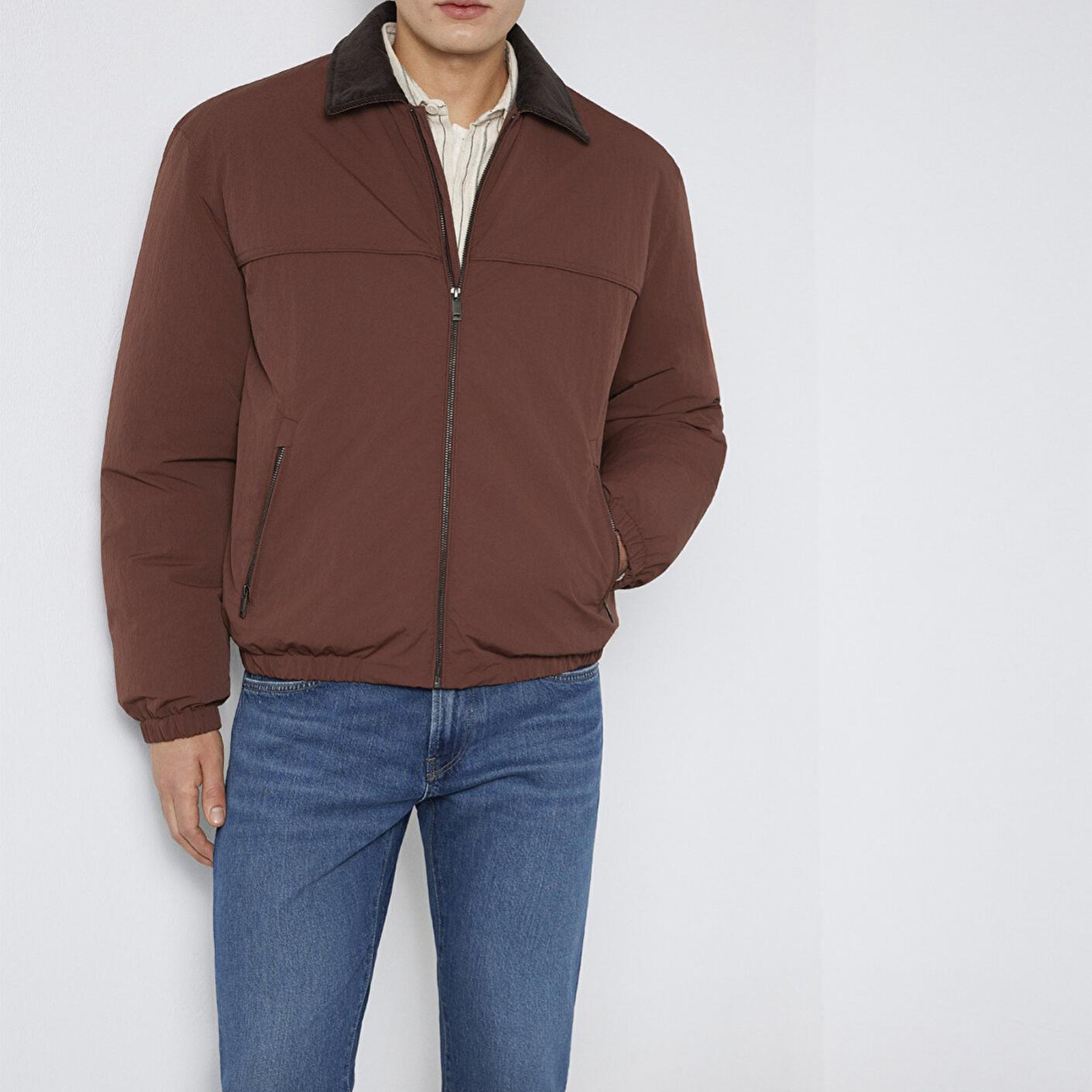Mavi Kadife Yaka Detaylı Kahverengi Ceket Oversize / Geniş Kesim 0110778-91341