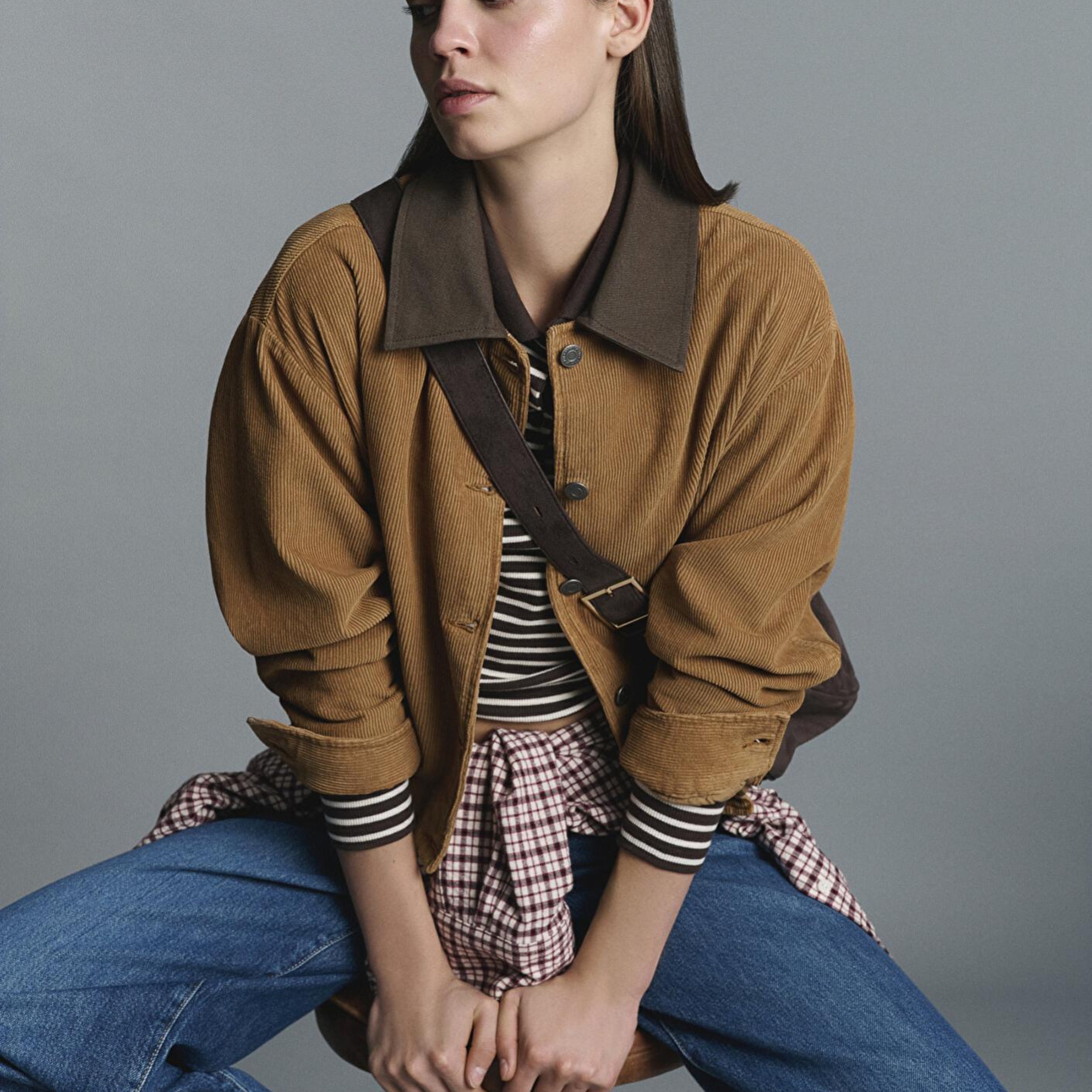 Mavi Kahverengi Kısa Kadife Ceket Oversize / Geniş Kesim 1110842-70381