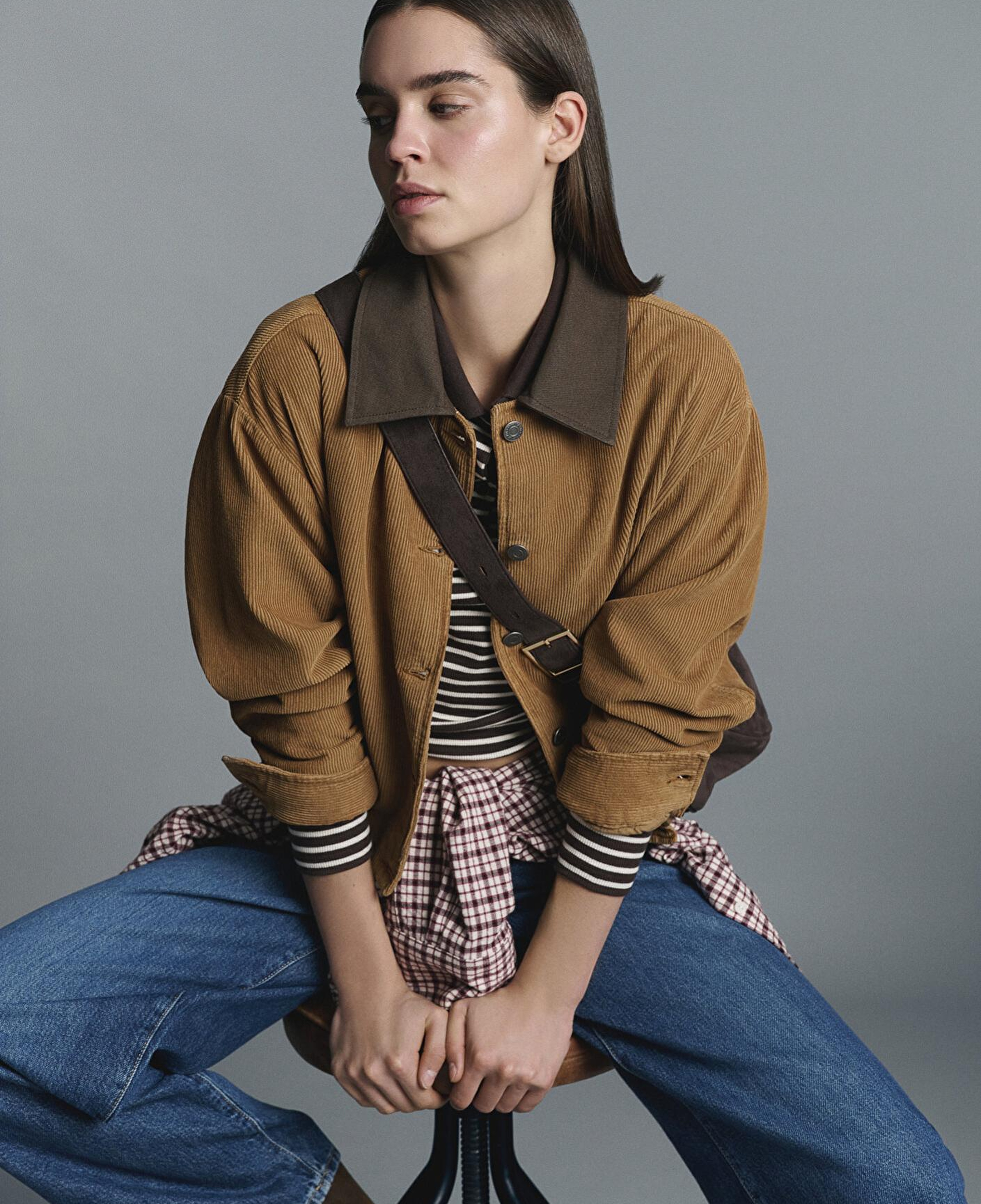 Mavi Kahverengi Kısa Kadife Ceket Oversize / Geniş Kesim 1110842-70381