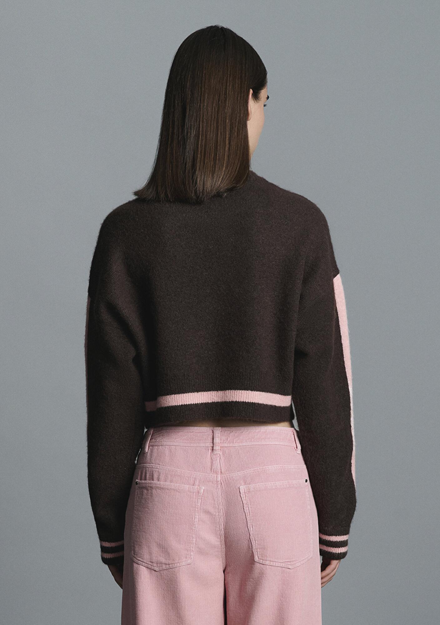 Mavi Çizgi Detaylı Kahverengi Kazak Crop / Kısa Kesim 1710876-70251