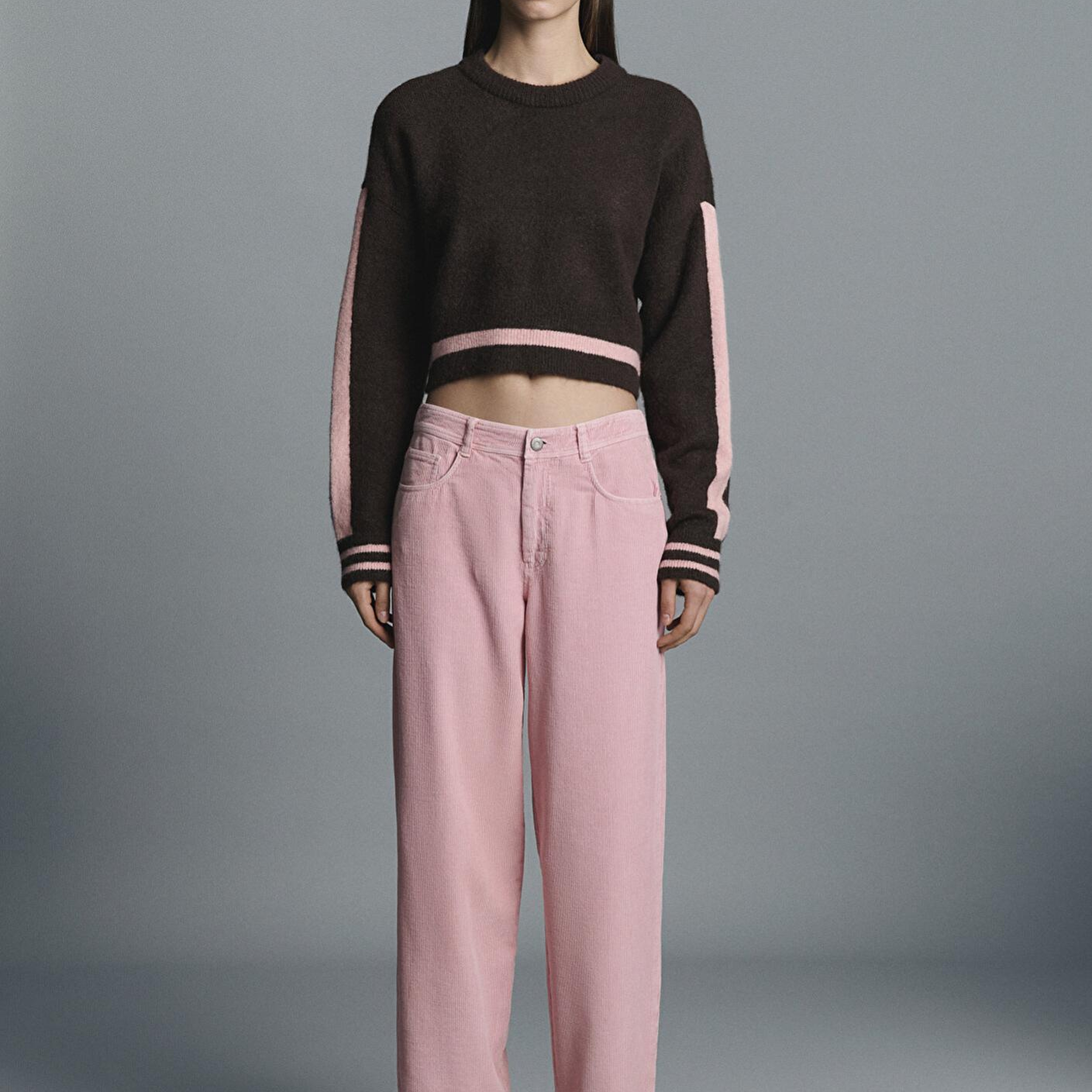 Mavi Çizgi Detaylı Kahverengi Kazak Crop / Kısa Kesim 1710876-70251