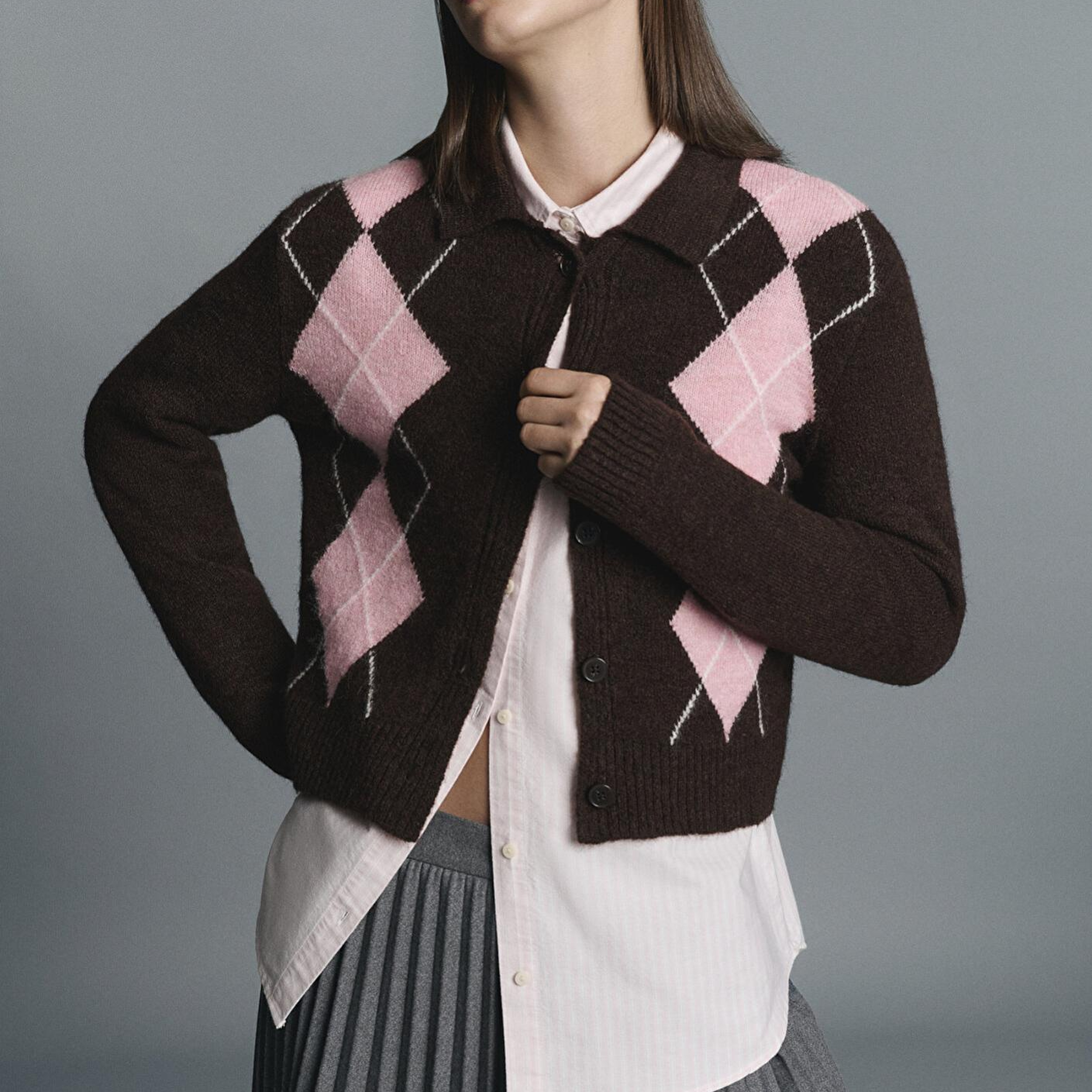 Mavi Yün Karışımlı Baklava Desenli Kahverengi Hırka Slim Fit / Dar Kesim 1710825-70244