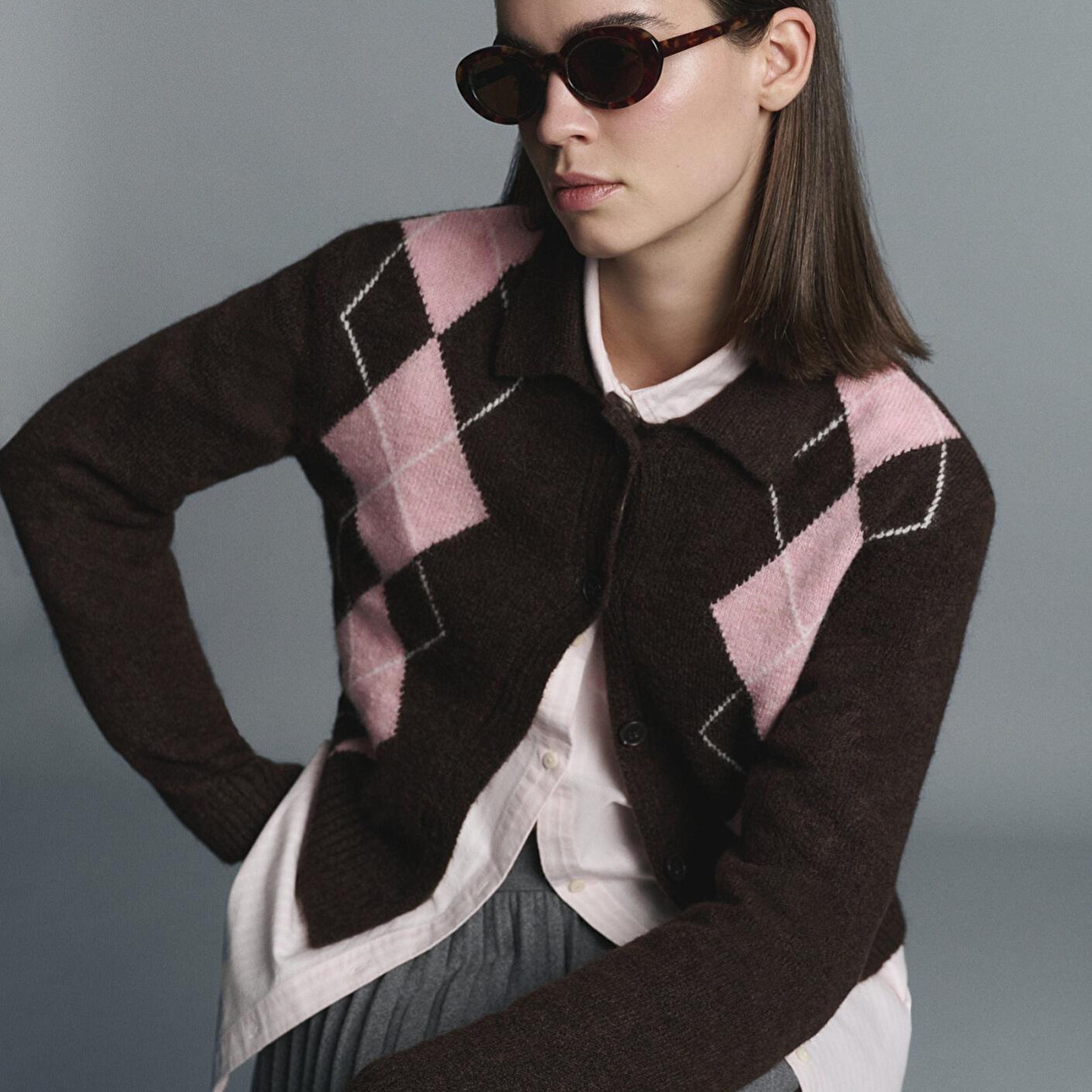 Mavi Yün Karışımlı Baklava Desenli Kahverengi Hırka Slim Fit / Dar Kesim 1710825-70244