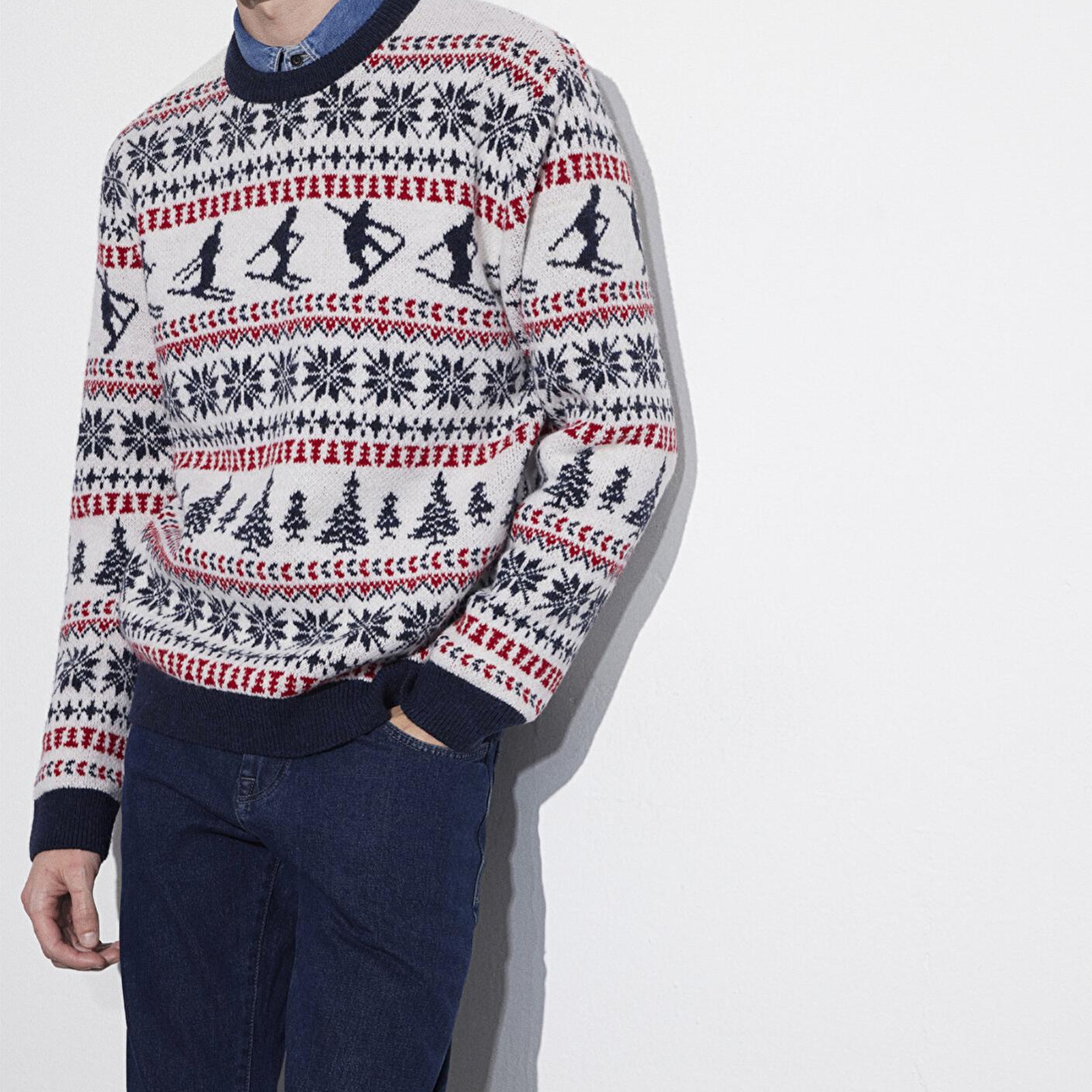 Mavi Yılbaşı Temalı Ekru Kazak Regular Fit / Normal Kesim 0710401-70057