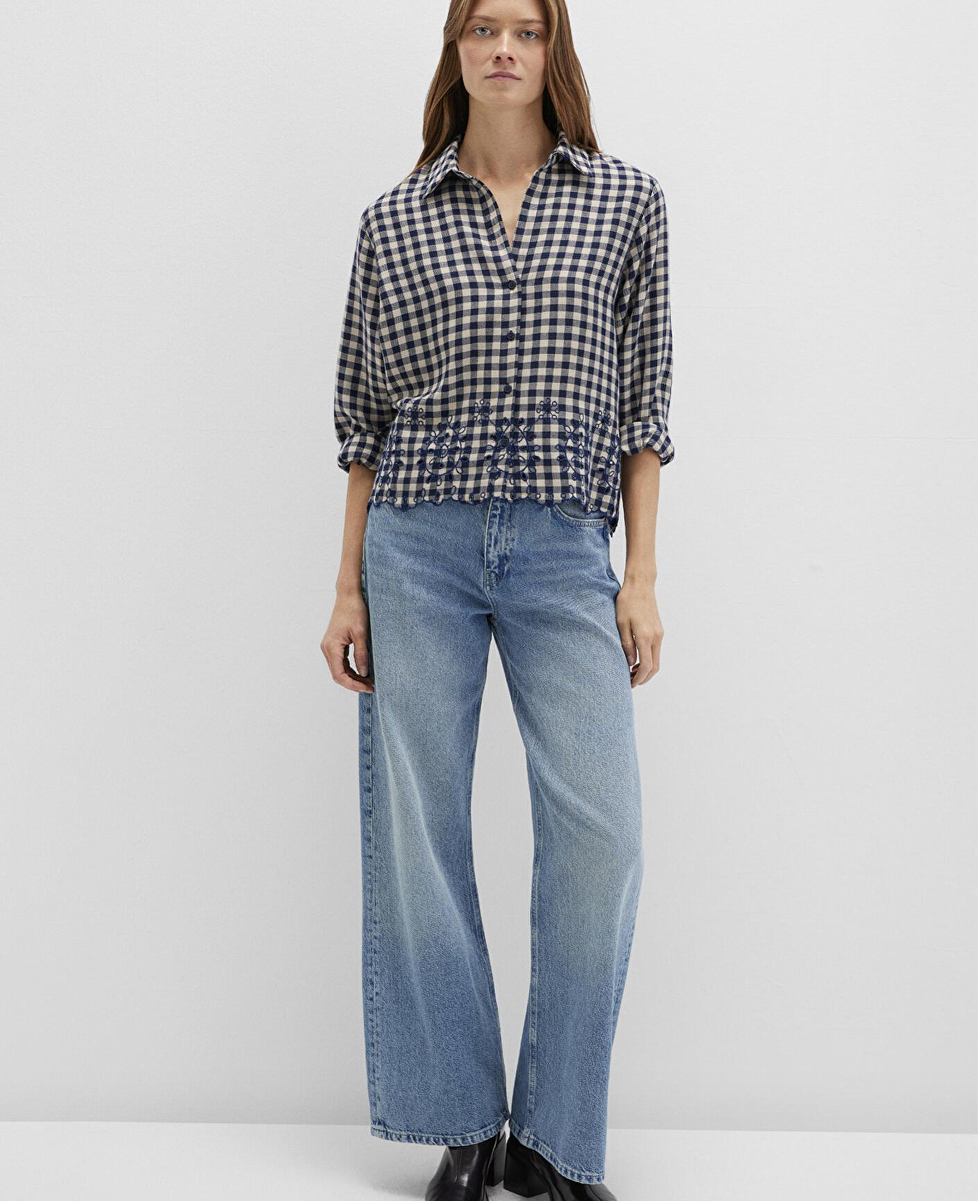 Mavi Nakış Detaylı Ekose Lacivert Gömlek Loose Fit / Bol Rahat Kesim 1211298-83154