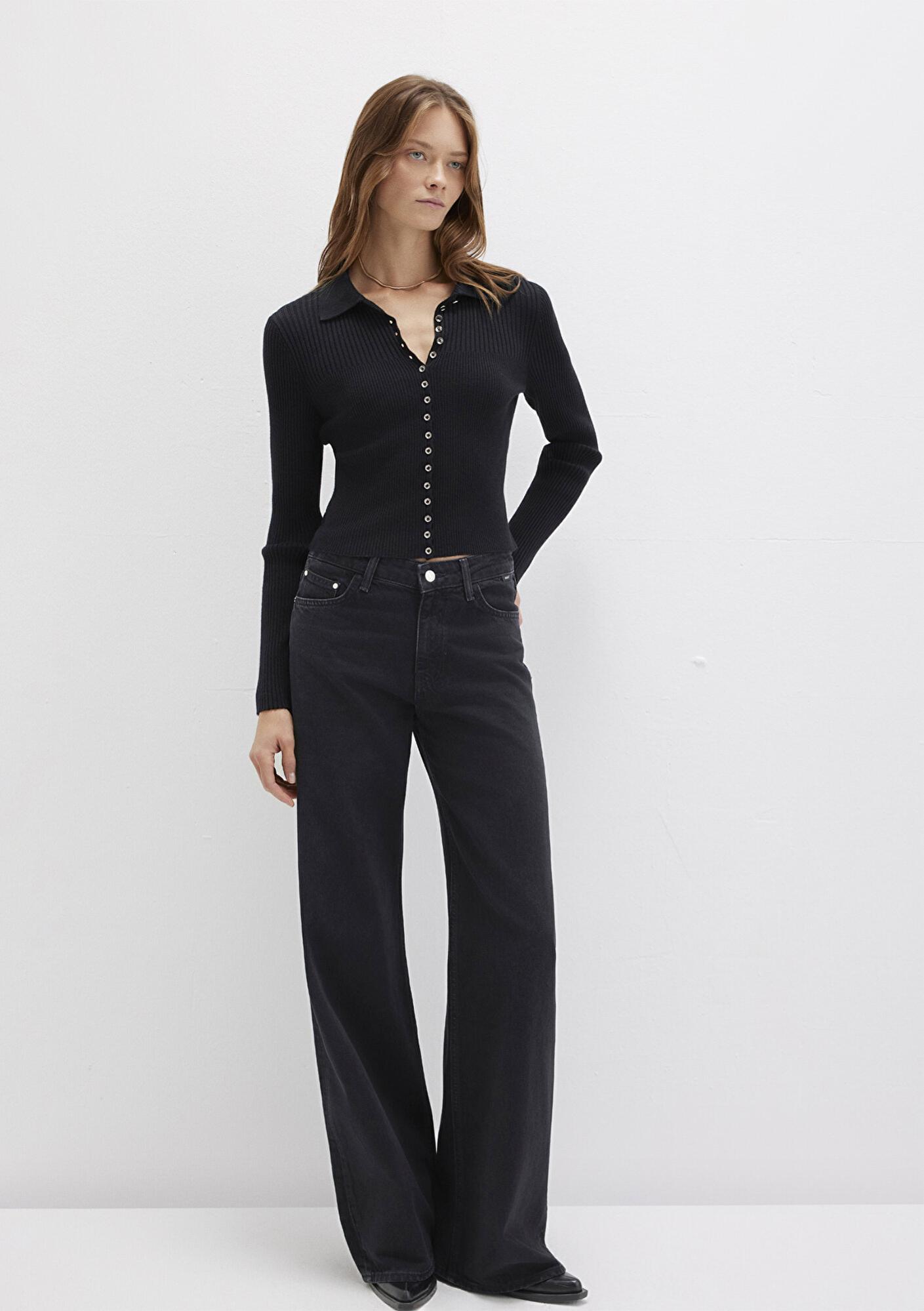 Mavi Düğmeli Siyah Triko Polo 1710787-900