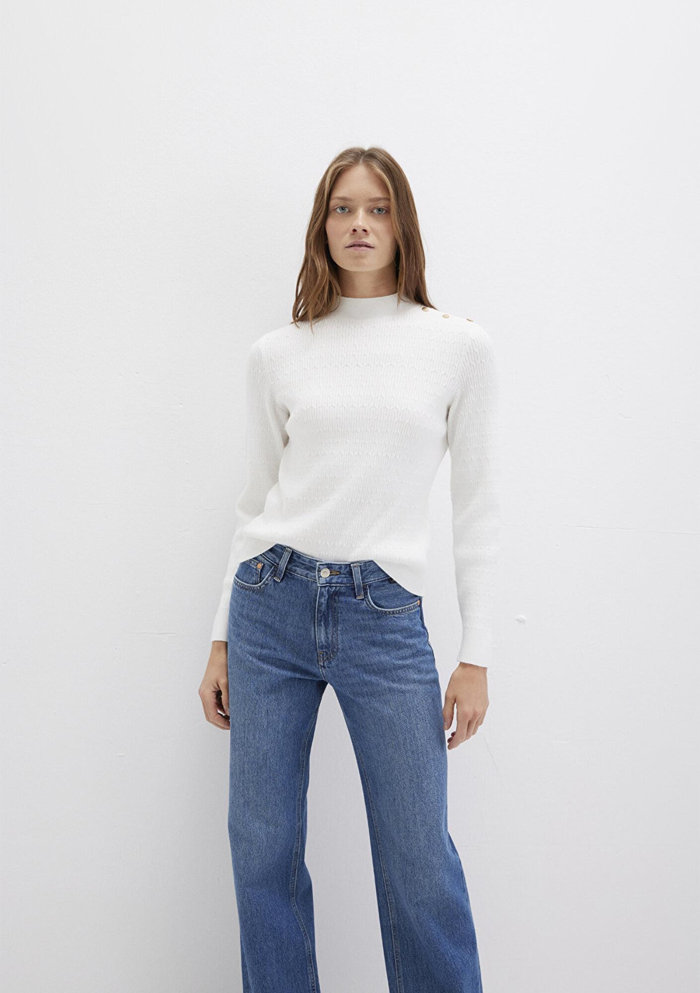 Mavi Omuz Detaylı Ekru Kazak Slim Fit / Dar Kesim 1710798-70057