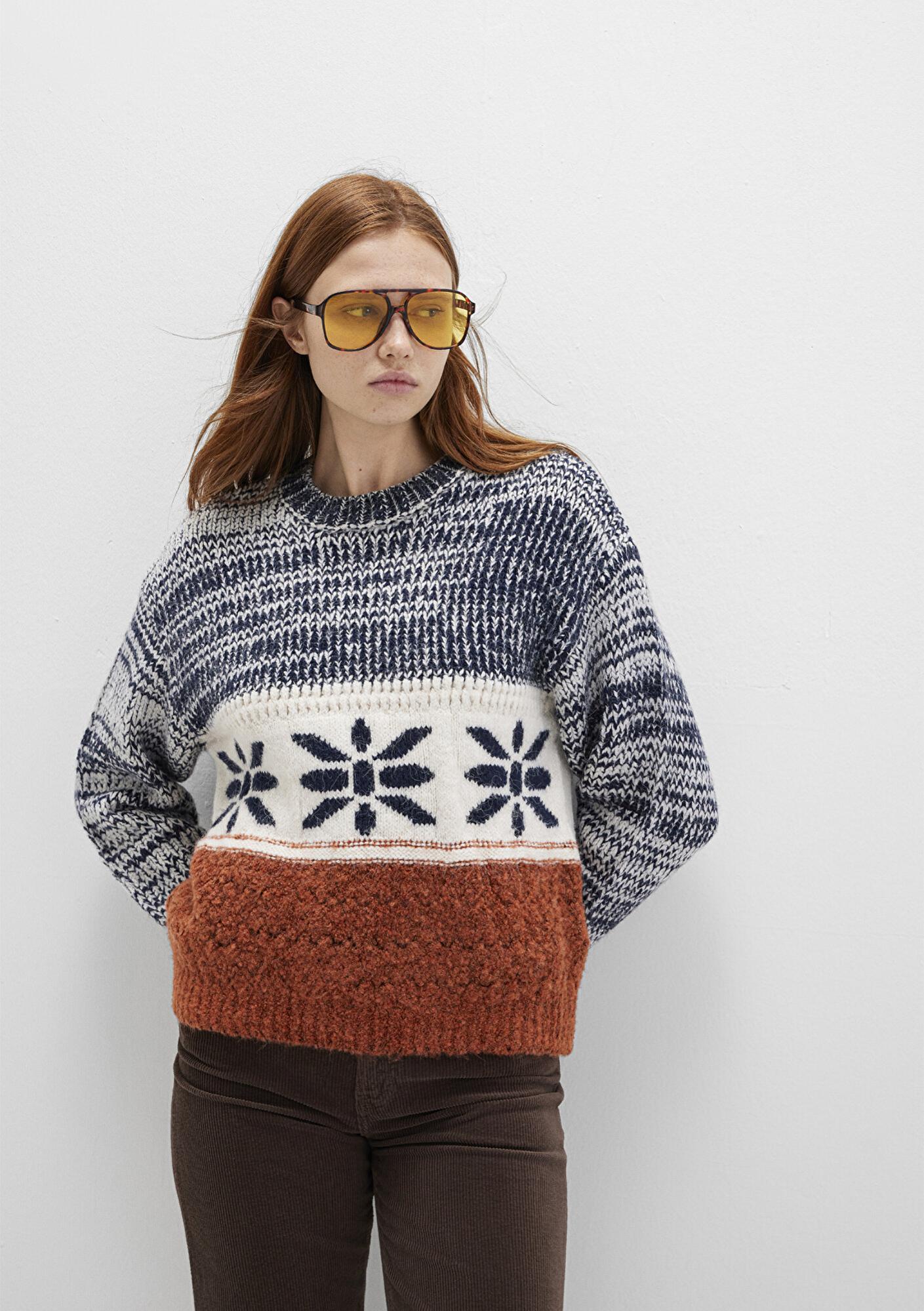 Mavi Kar Tanesi Detaylı Blok Renkli Kazak Loose Fit / Bol Rahat Kesim 1710803-89101