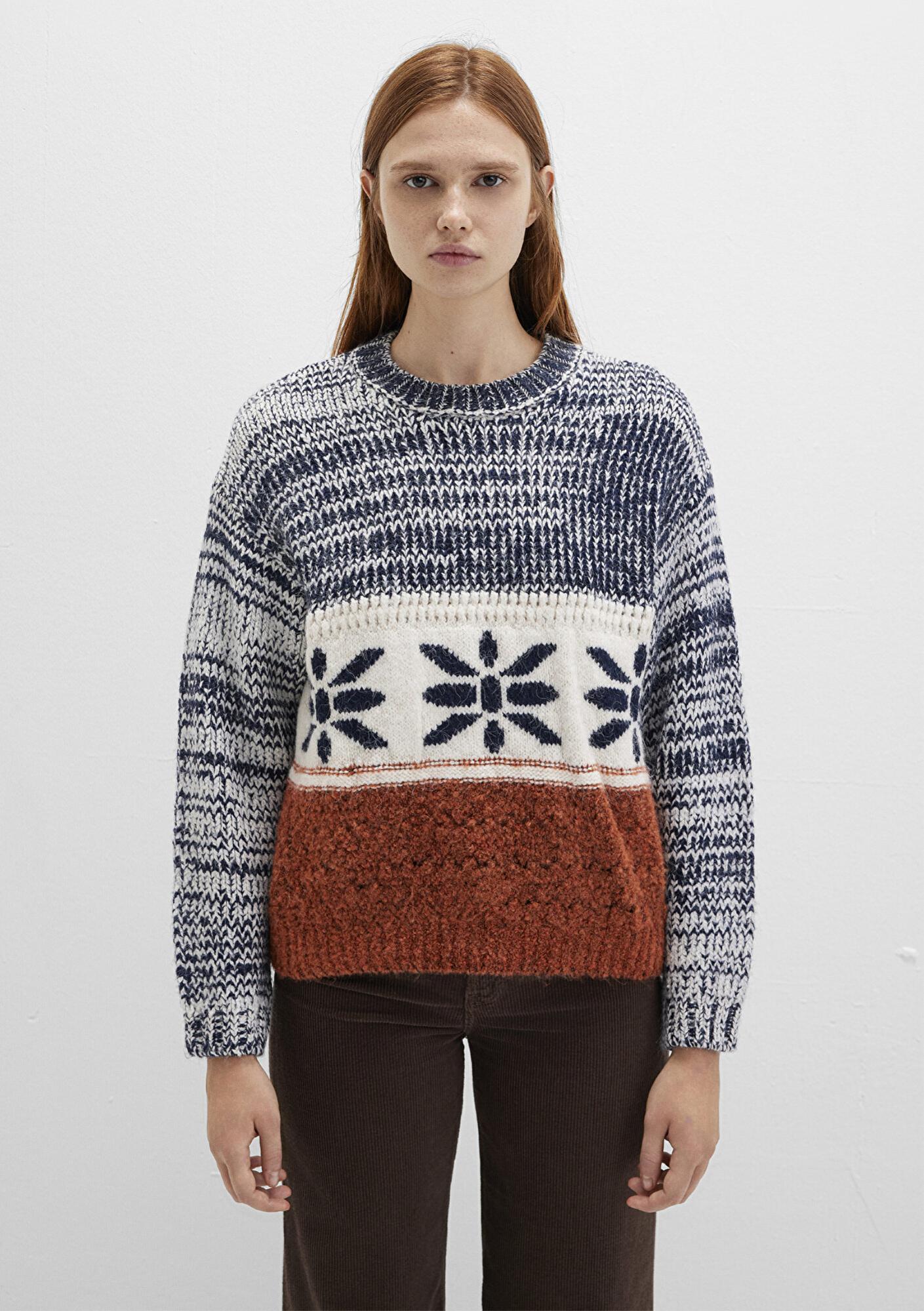 Mavi Kar Tanesi Detaylı Blok Renkli Kazak Loose Fit / Bol Rahat Kesim 1710803-89101