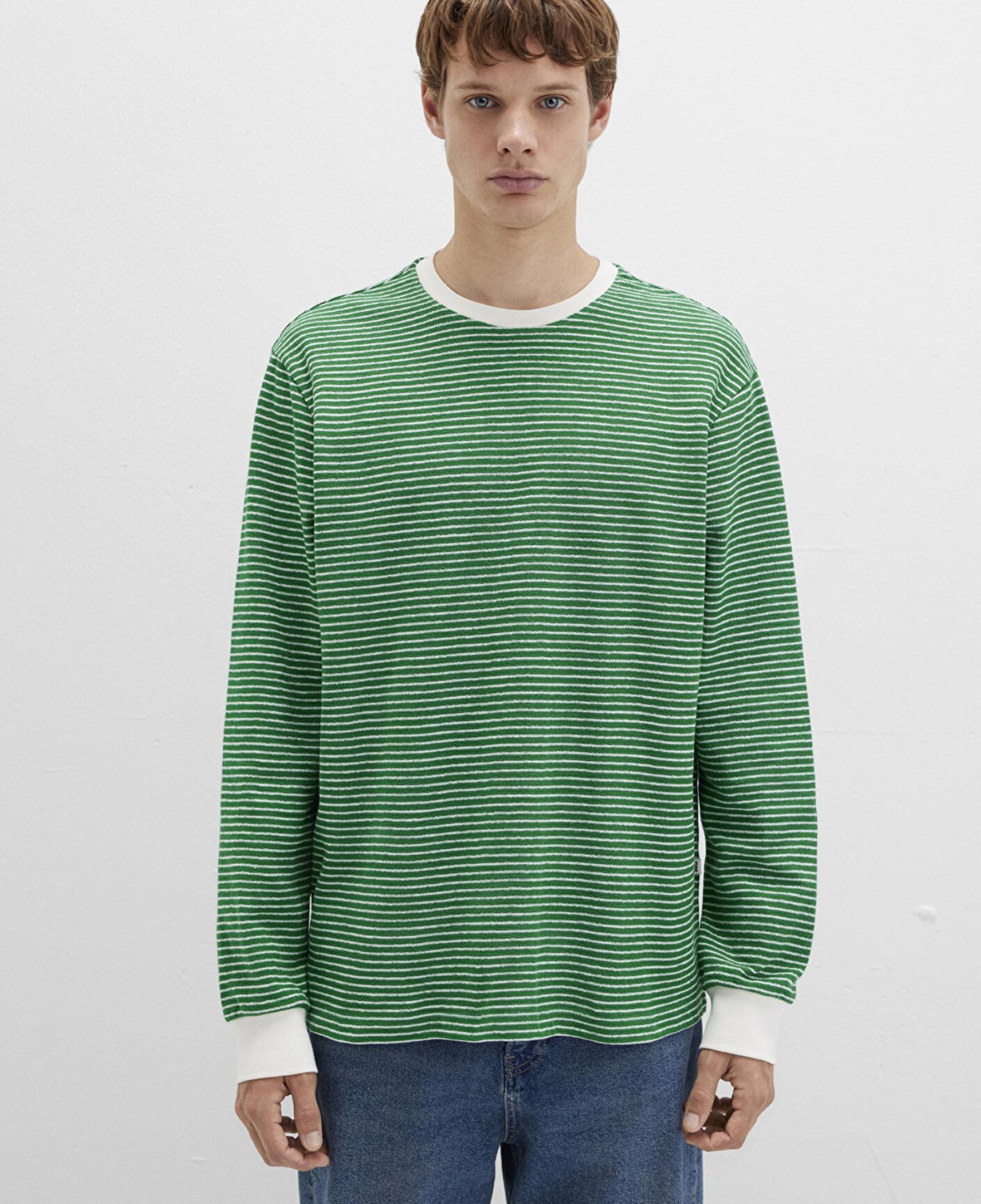Mavi Çizgili Yeşil Tişört Loose Fit / Bol Rahat Kesim 0613038-85916