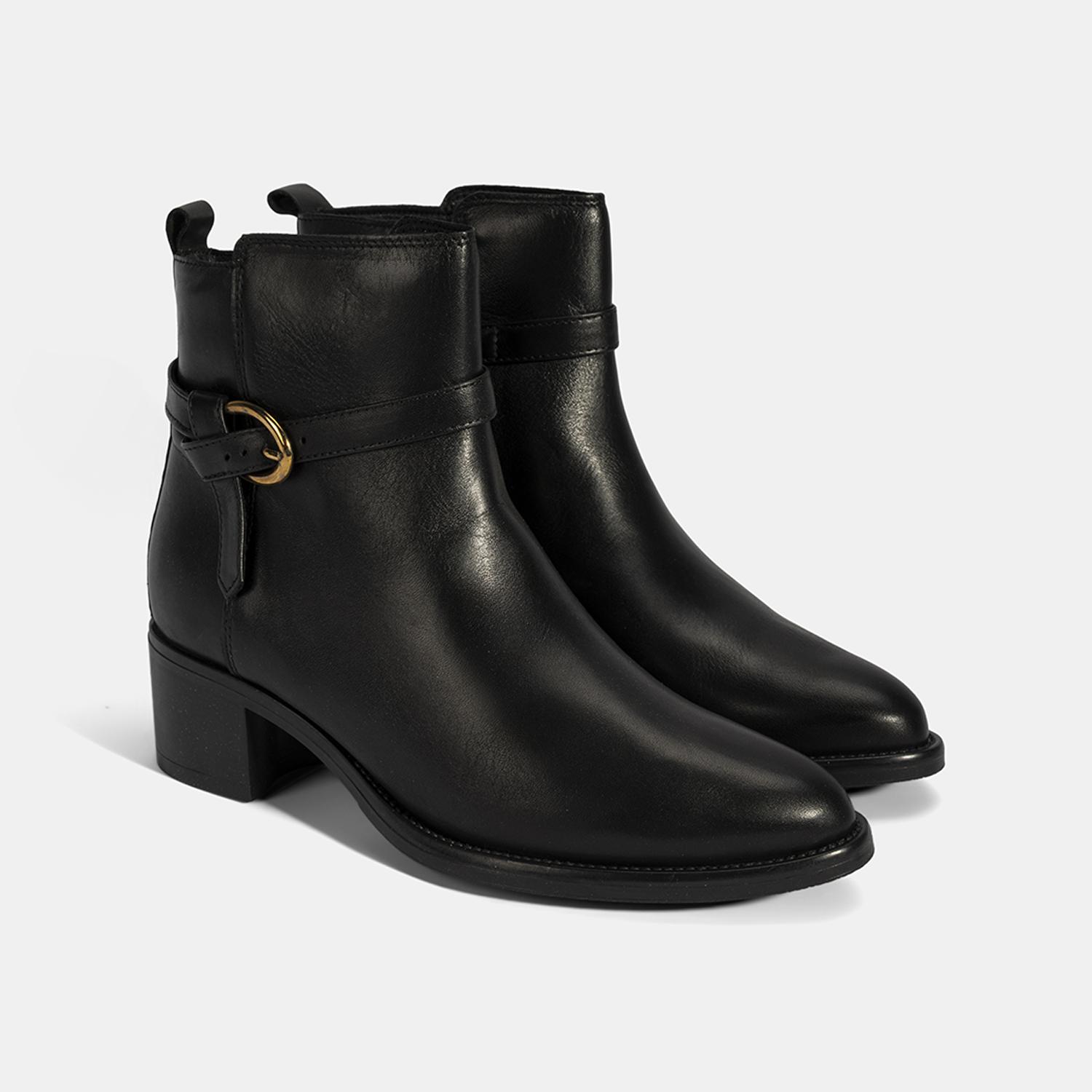 Kadın Siyah Ayarlanabilir Metal Tokalı Topuklu Deri Bot