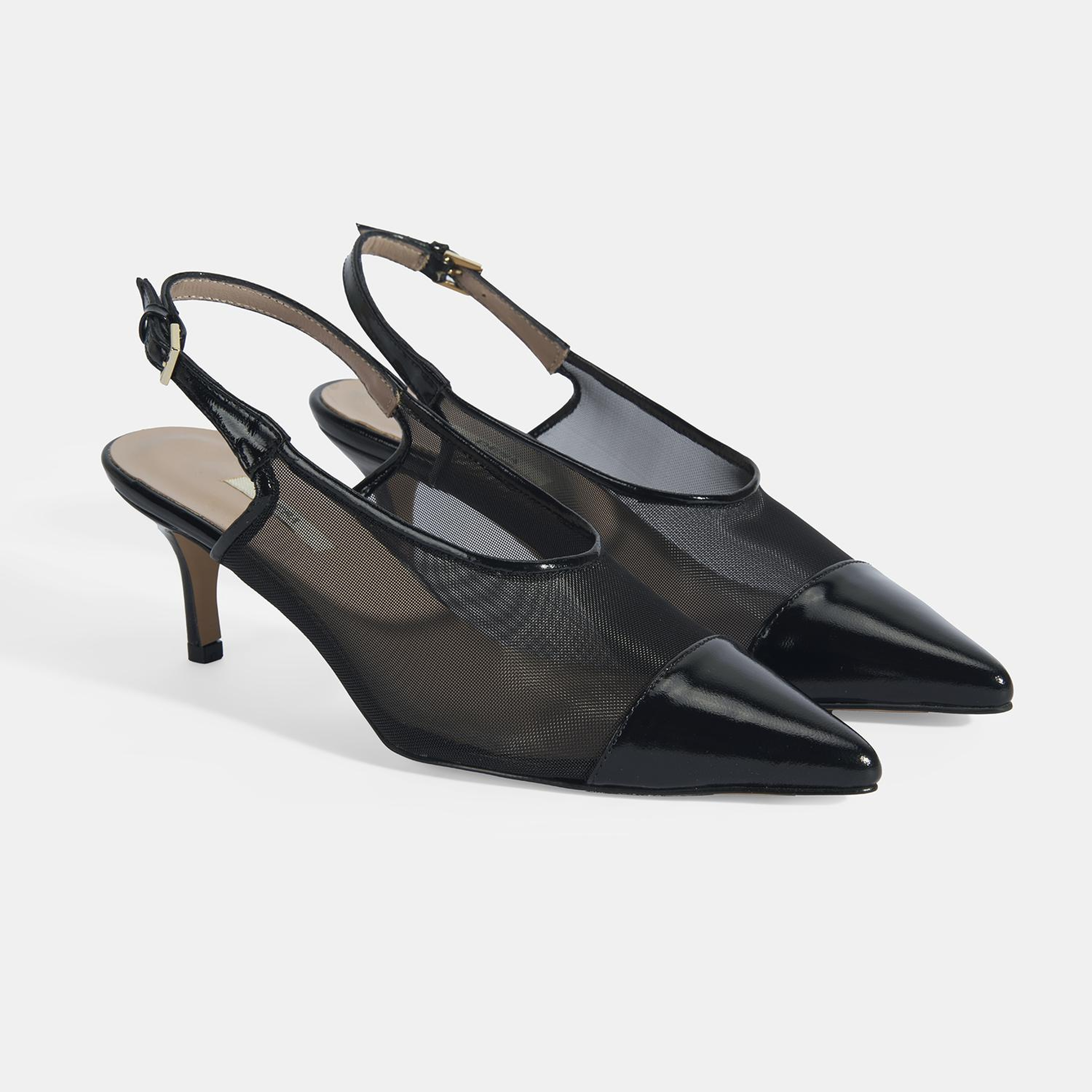 Kadın Siyah Fileli Ayarlanabilir Tokalı Rugan Topuklu Klasik Ayakkabı