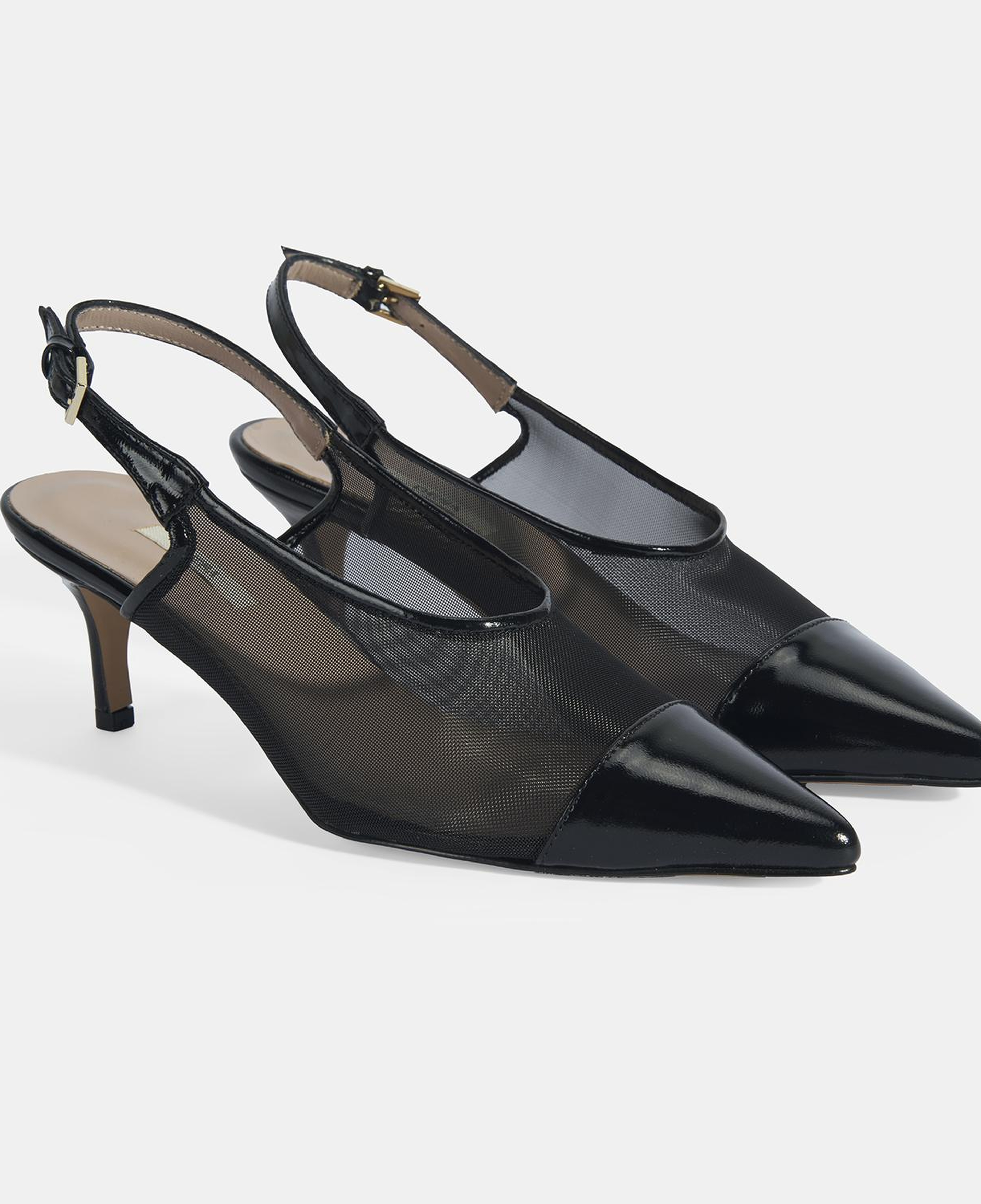 Kadın Siyah Fileli Ayarlanabilir Tokalı Rugan Topuklu Klasik Ayakkabı