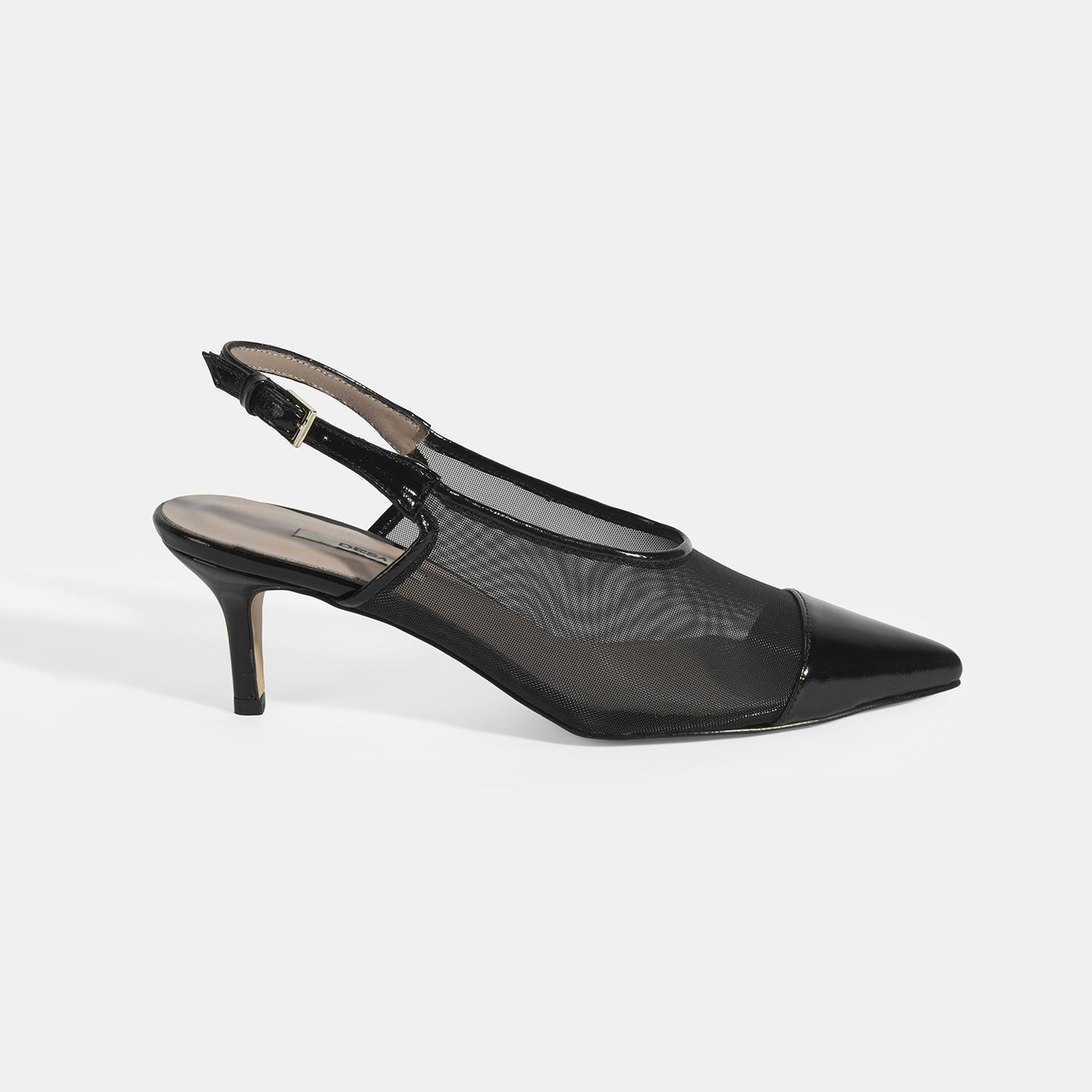 Kadın Siyah Fileli Ayarlanabilir Tokalı Rugan Topuklu Klasik Ayakkabı