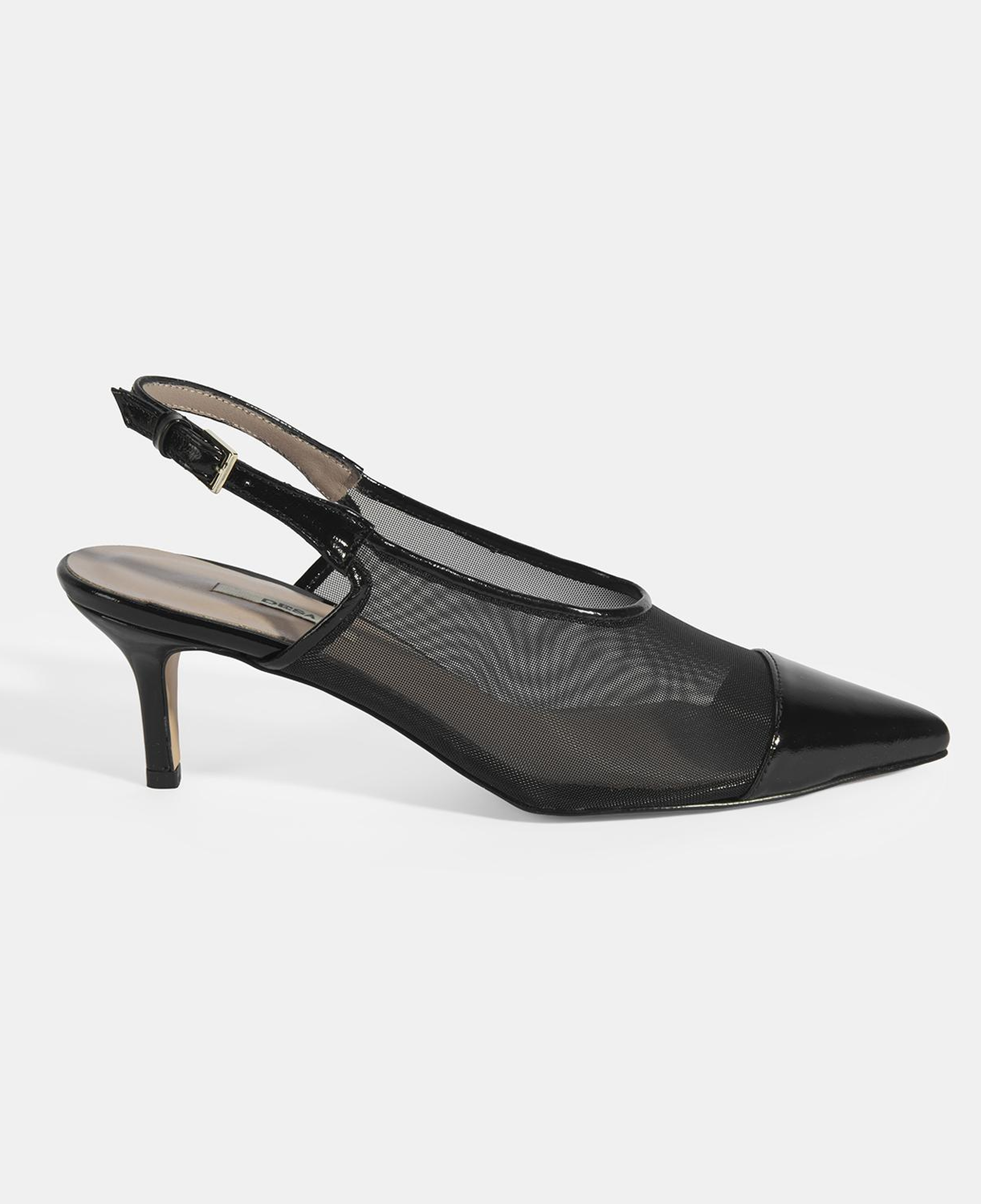 Kadın Siyah Fileli Ayarlanabilir Tokalı Rugan Topuklu Klasik Ayakkabı