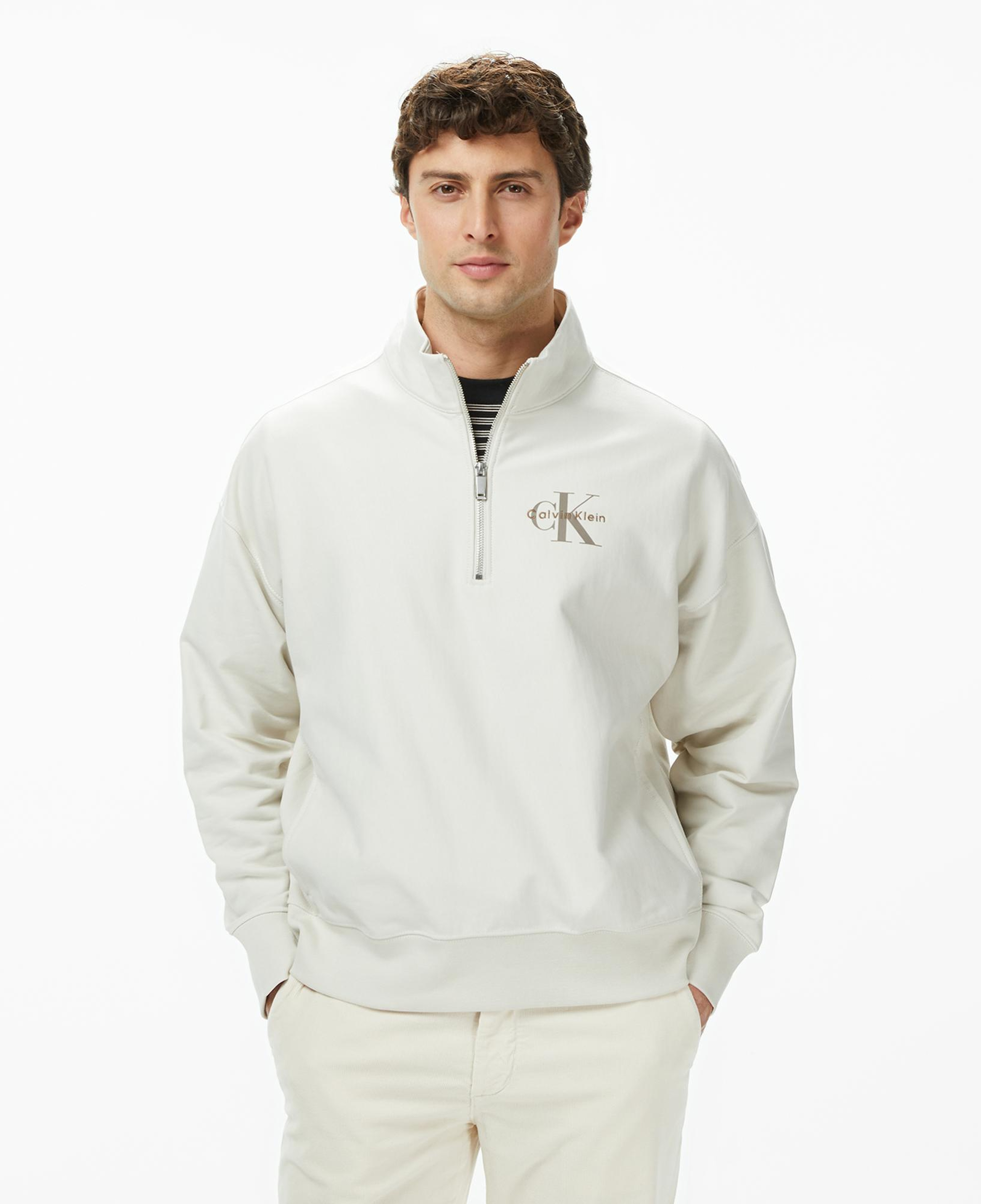 Calvin Klein Premium Terry Micro Monologo Erkek Beyaz Sweatshirt