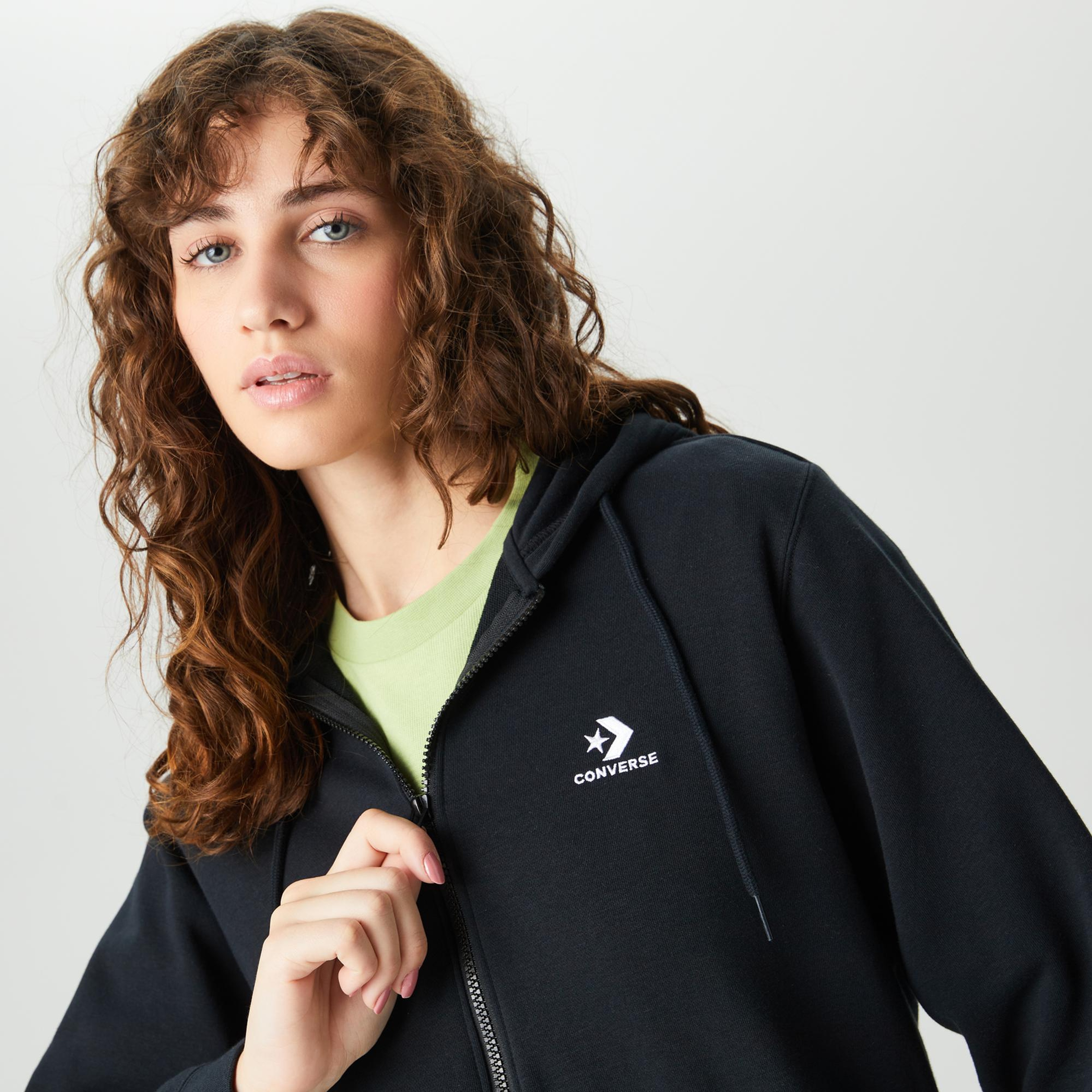 Converse Unisex Siyah Fermuarlı Hoodie