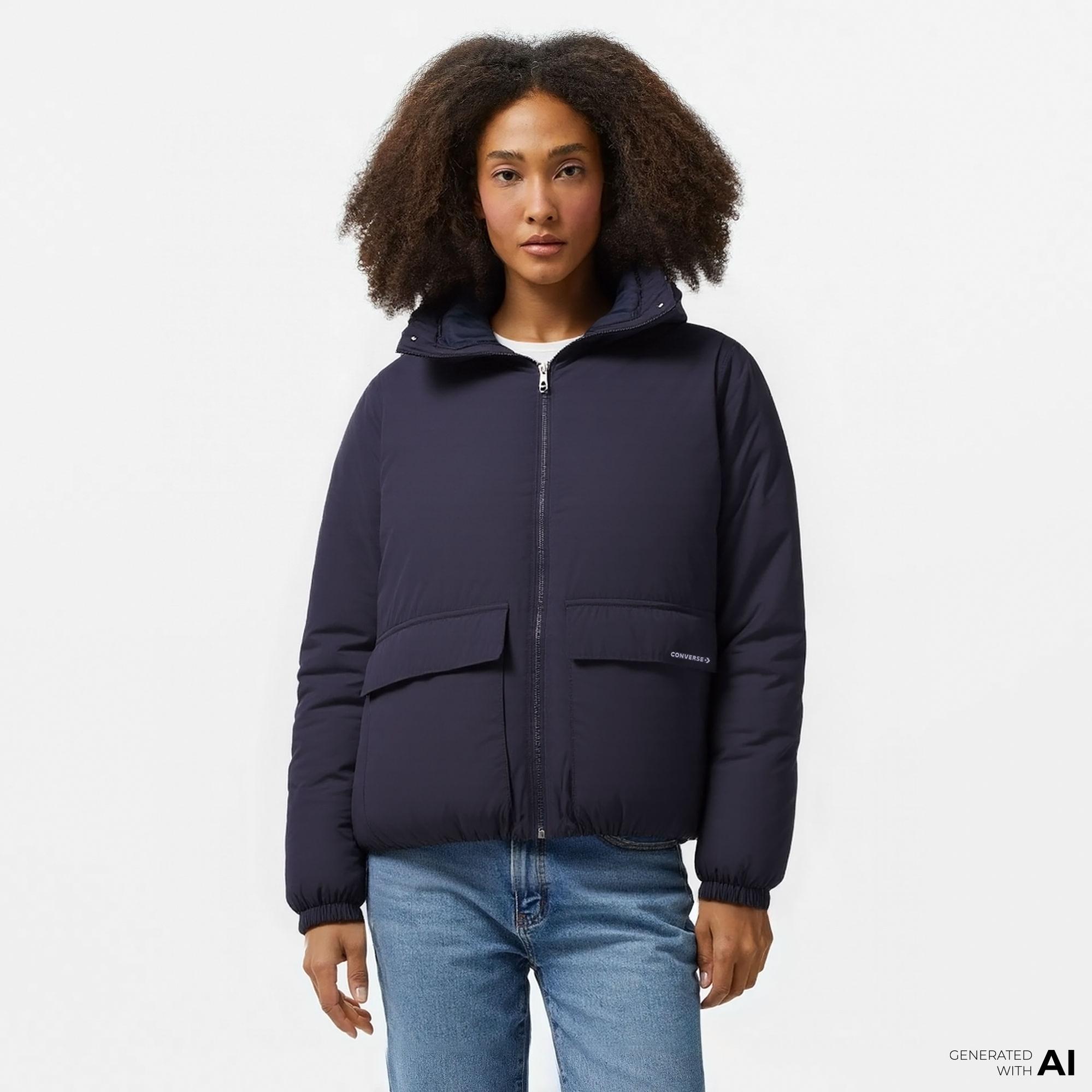 Converse Kadın Kapüşonlu Lacivert Şişme Mont