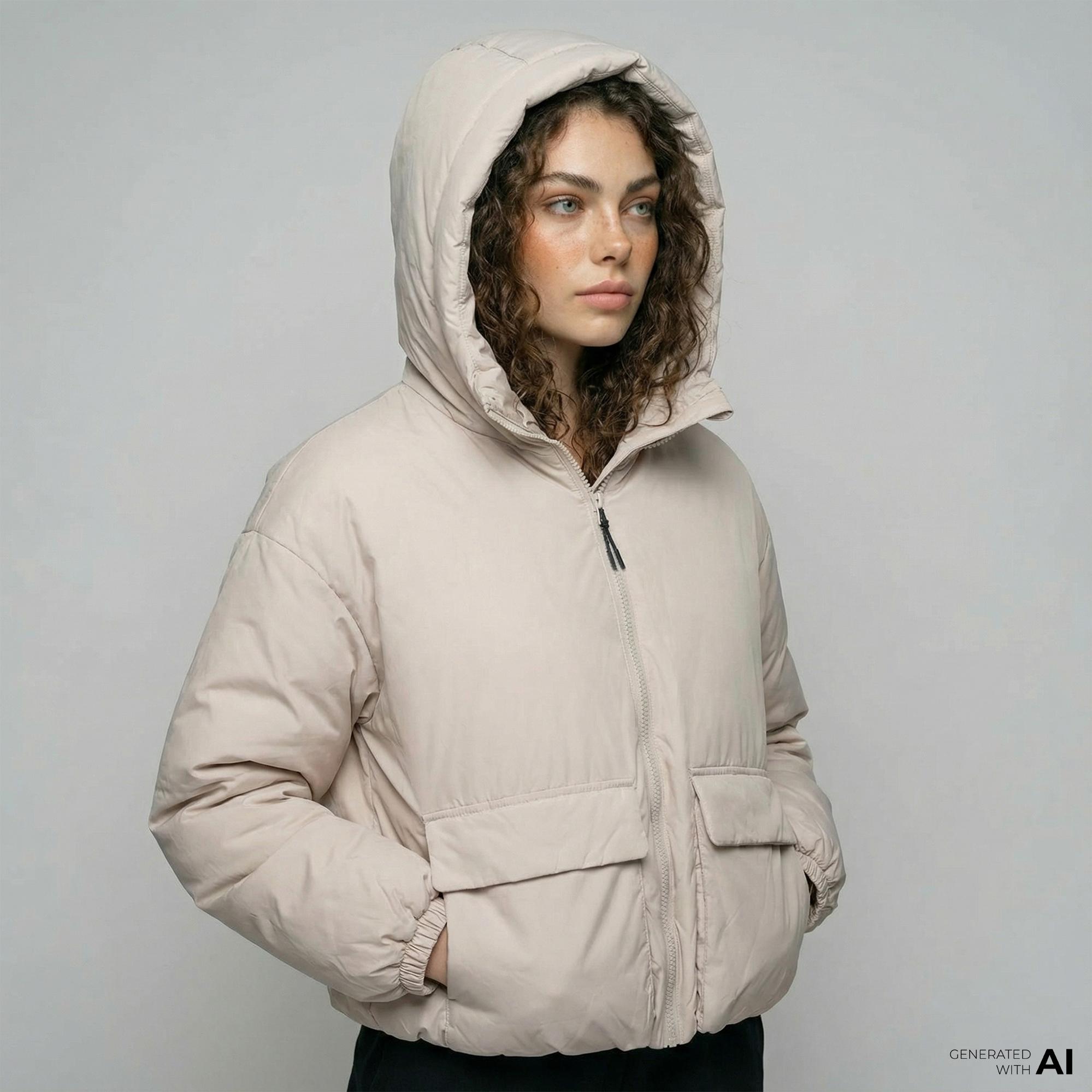 Converse Kadın Kapüşonlu Bej Şişme Mont