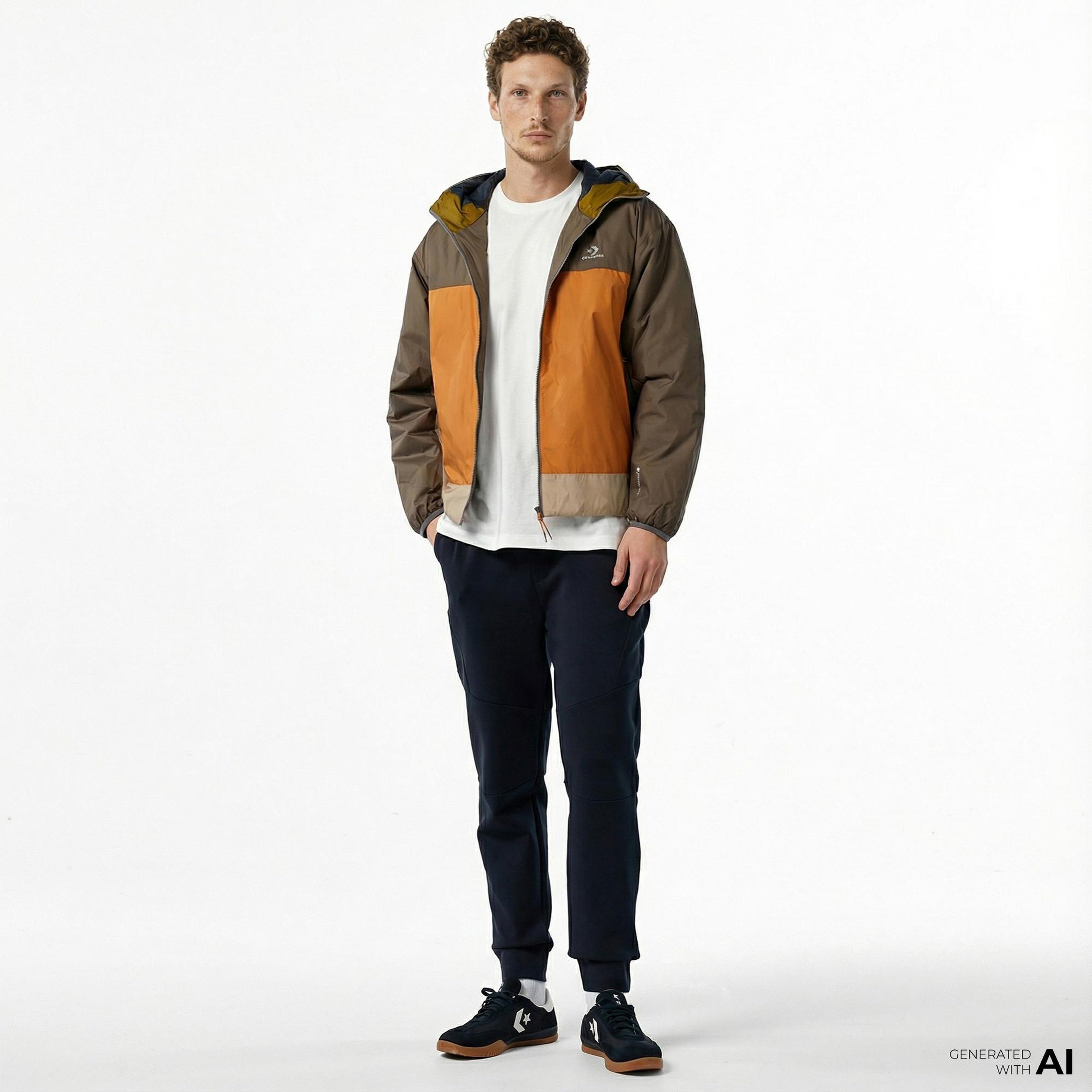 Converse Erkek Kapüşonlu Renk Bloklu Kahverengi Mont