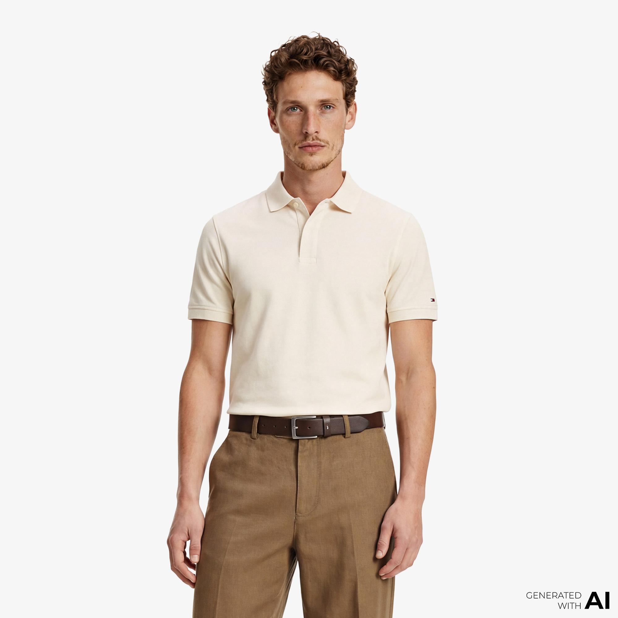 Tommy Hilfiger Elevated Essentials Erkek Krem Rengi Polo Yaka T-Shirt