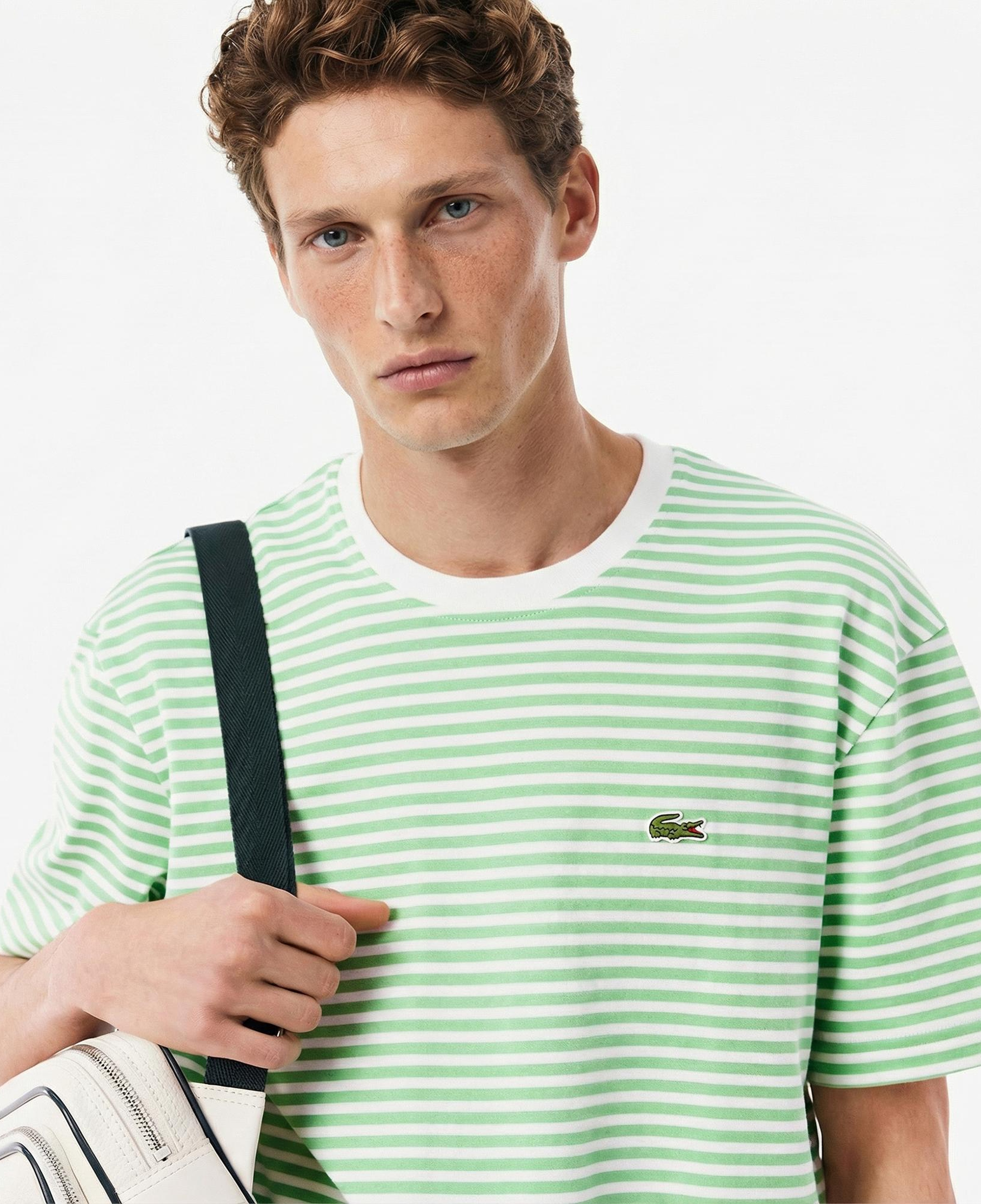 Lacoste Erkek Classic Fit Bisiklet Yaka Çizgili Açık Yeşil T-Shirt
